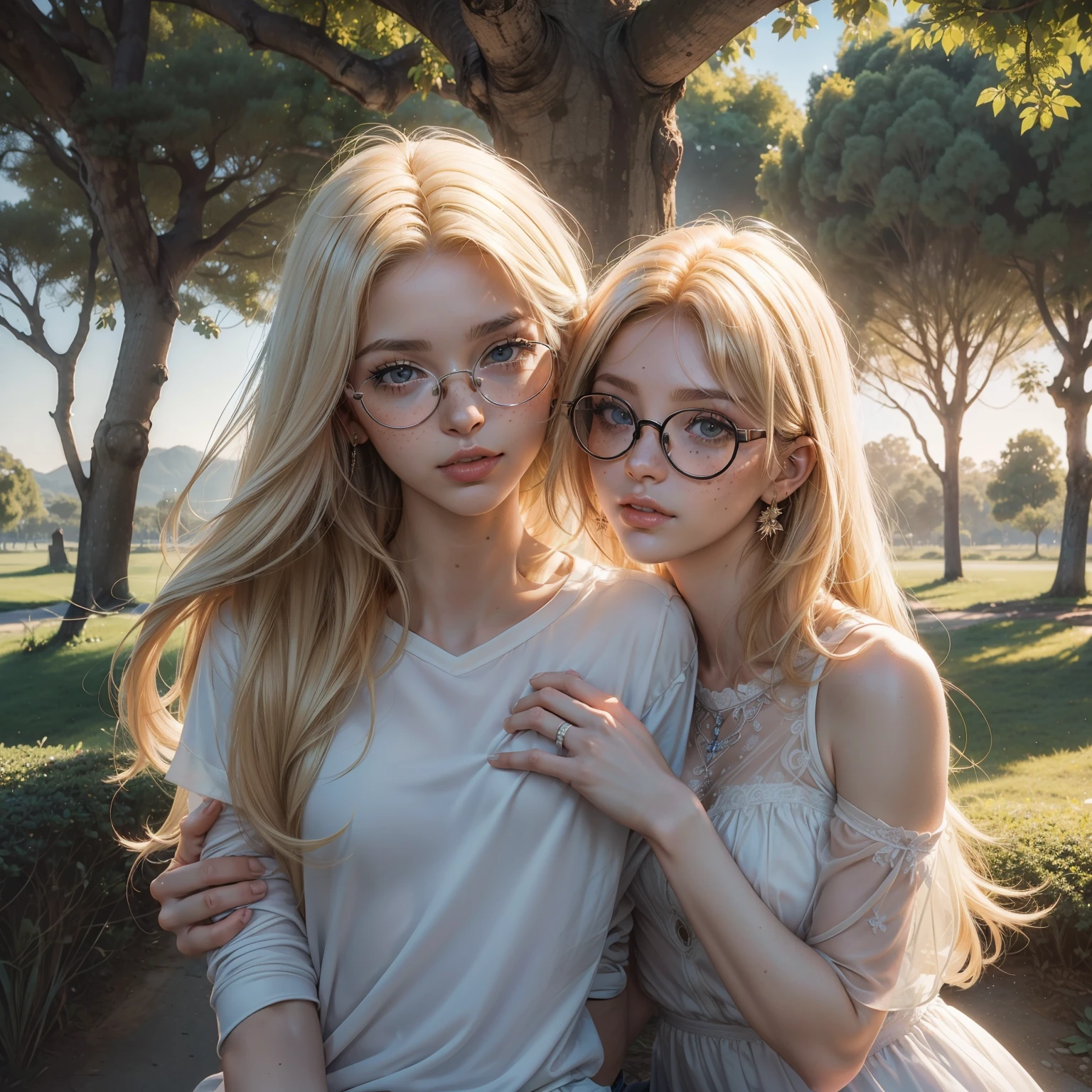 Romantic scene of a couple kissing in the park, leaning against a tree, um homem ((30 anos,pele parda, com cavanhaque feito, transparent rectangular lens glasses, cabelo raspado)) e mulher ((americana, 25 anos, pale skin and freckles, olhos cinzas, nariz delicado, soft and delicate lips, cabelo blondie cinza longo e ondulado, sem oculos)), ultrarrealista HD fotorrealista altamente renderizado, luz natural do dia, Fuji Camera