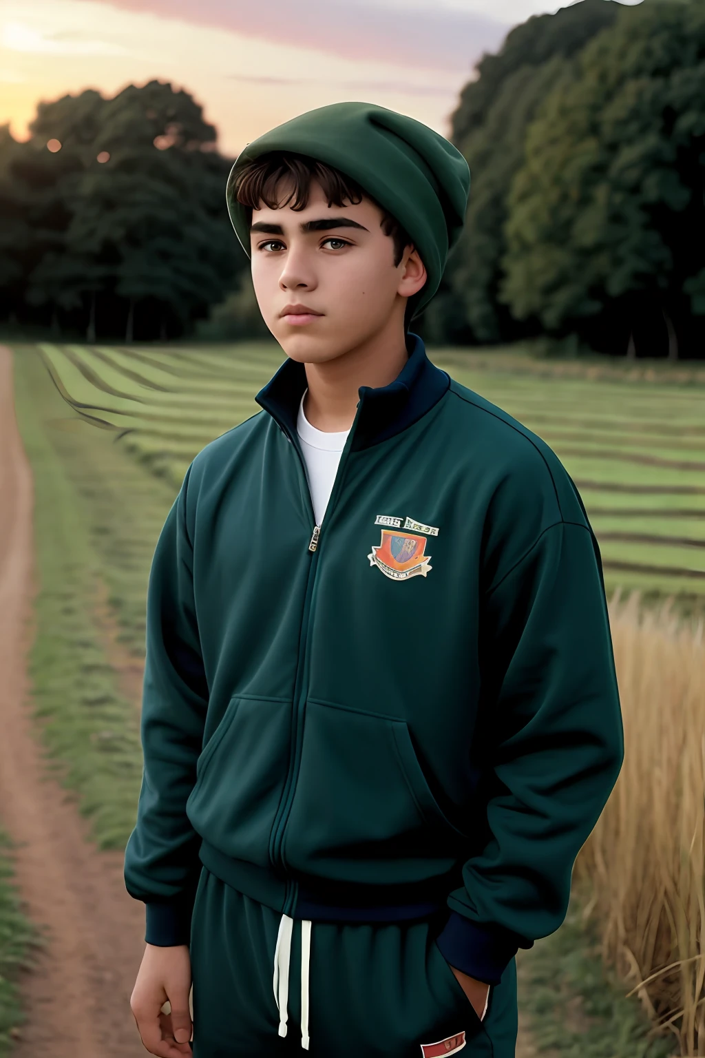 An 18-year-old boy in the countryside in the 90s,The boy looks thick and eyebrows,Strong sense of youth,Wearing dark blue tracksuits,Wear a soup pot on your head,Standing with a melancholy expression on a green field,In the sky is a brilliant sunset,SENSE OF CINEMA,