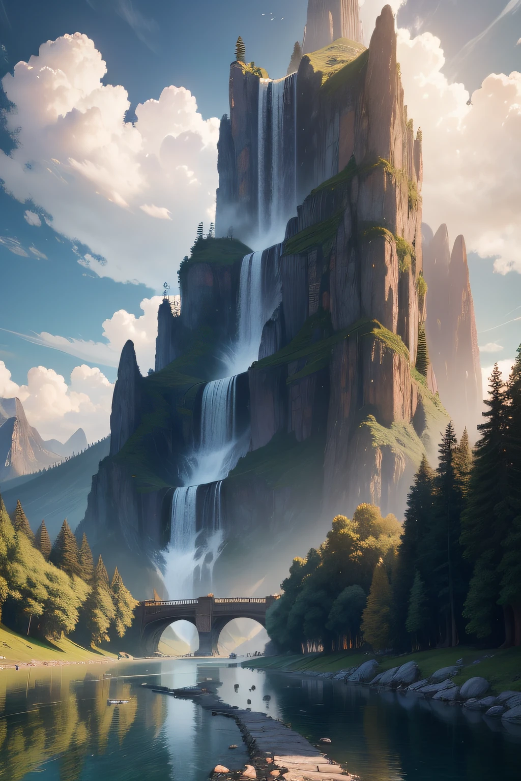 masterpiece, best quality, high quality, extremely detailed CG unity 8k wallpaper, scenery, outdoors, sky, cloud, day, no humans, mountain, landscape, water, tree, blue sky, waterfall, cliff, nature, lake, river, cloudy sky,award winning photography, Bokeh, Depth of Field, HDR, bloom, Chromatic Aberration ,Photorealistic,extremely detailed, trending on artstation, trending on CGsociety, Intricate, High Detail, dramatic, art by midjourney
