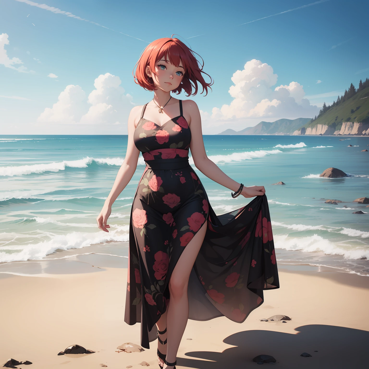 (masterpiece, best quality), anime girl in flowing, bohemian-style maxi dress with floral patterns, seaside, short red hair, sleek bob cut, full-body shot, perfect anatomy, curvaceous body, alluring, perfect eyes, perfect hands, standing on the shoreline, one foot slightly forward, with the dress gently swaying in the breeze, the model could have a relaxed, confident stance, a soft, serene smile that reflects the tranquil beauty of the seaside setting, the model's gaze can be focused on the horizon or the water, conveying a sense of calm and appreciation., extremely detailed Artgem, ig model, artgem, alena aenami and artgem, krenz cushart and artgem, artgem and atey ghailan