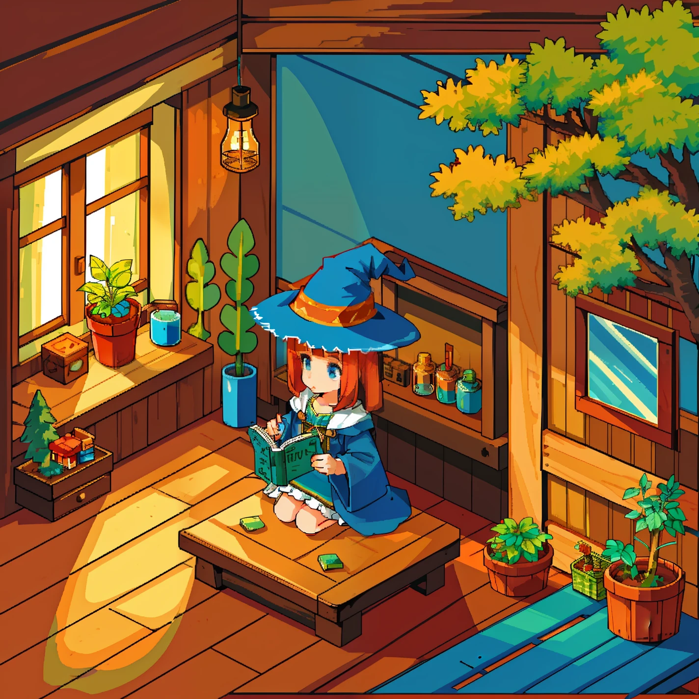 a girl,Witch,In the cabin,Small wooden table,sitting on a wooden chair,Reading,potted plant,Magic Hat,Magic Wand,forest,