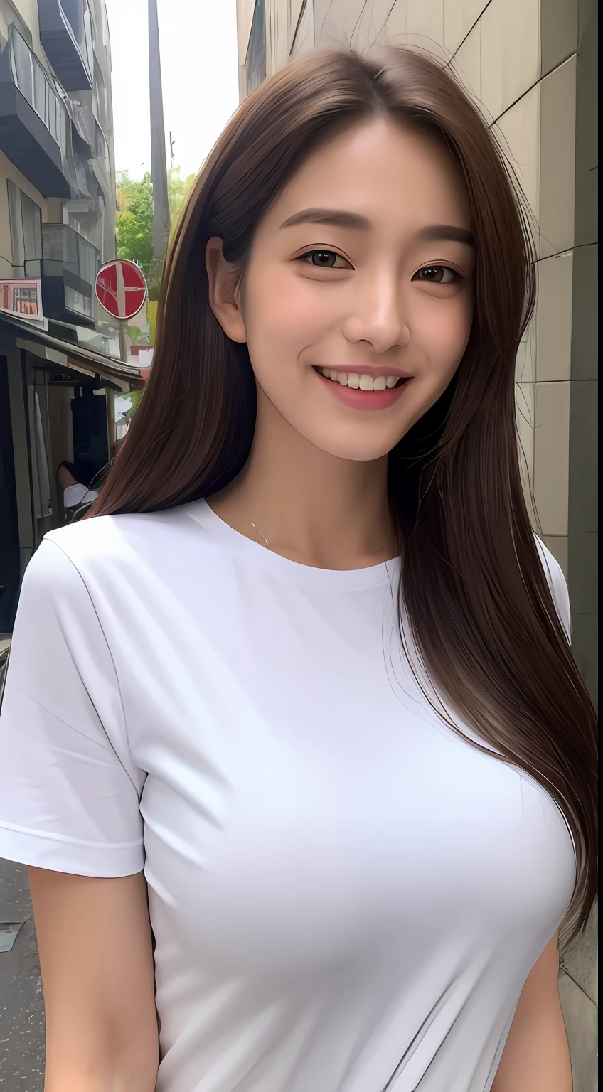 ((top-quality、8k、masterpiece:1.3)), from the chest up, foco nítido:1.2, Beautiful woman with perfect body shape:1.4, Slender Abs:1.1, ((dark brown hair、huge tit:1.2)), (White tight t-shirt, is standing:1.2), ((Urban streets:1.3)), Highly detailed facial and skin texture, A detailed eye, 二重まぶた,a smile,Highly detailed white tooth texture
