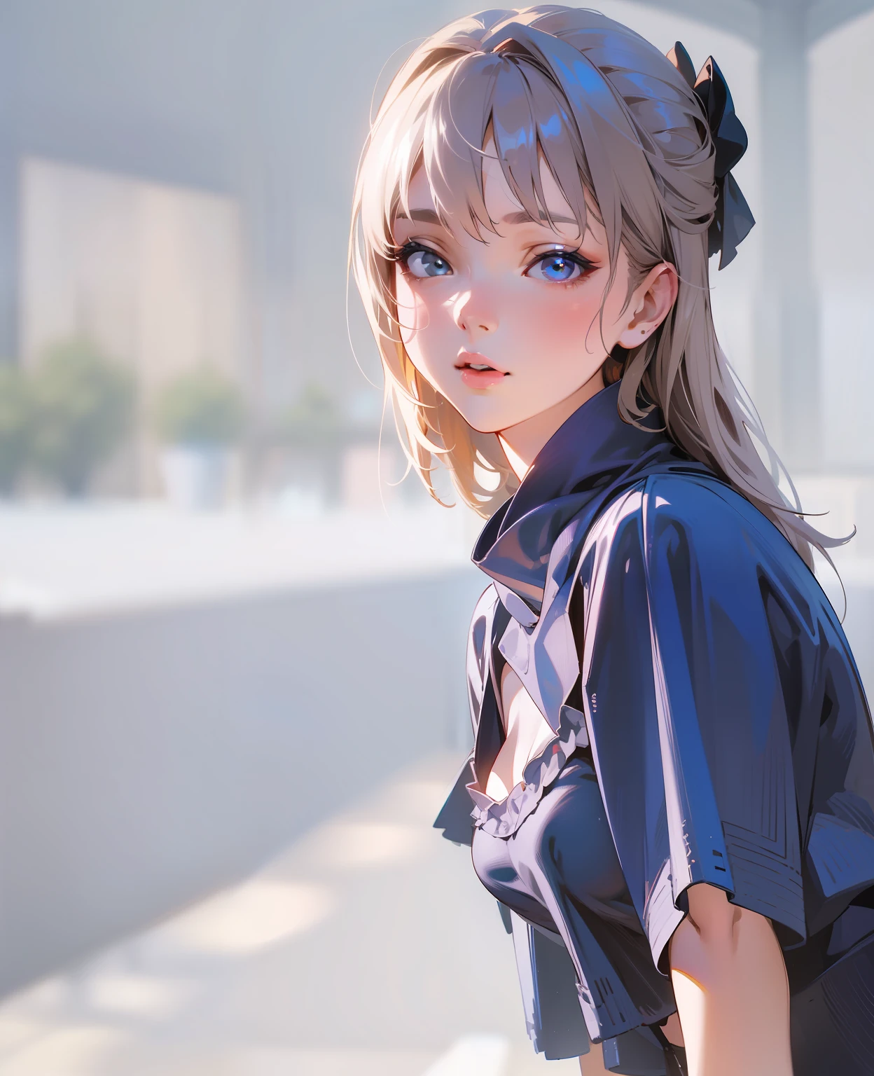 high qulity,highest quality,4K,High fine-grainedness,realisticlying,Glowing skin,White skin of the,with a good figure,Raised sexy,Large breasts,closeup cleavage,The background is blurred out,largeaperture,Focus,F3.5 large apertures,anime
