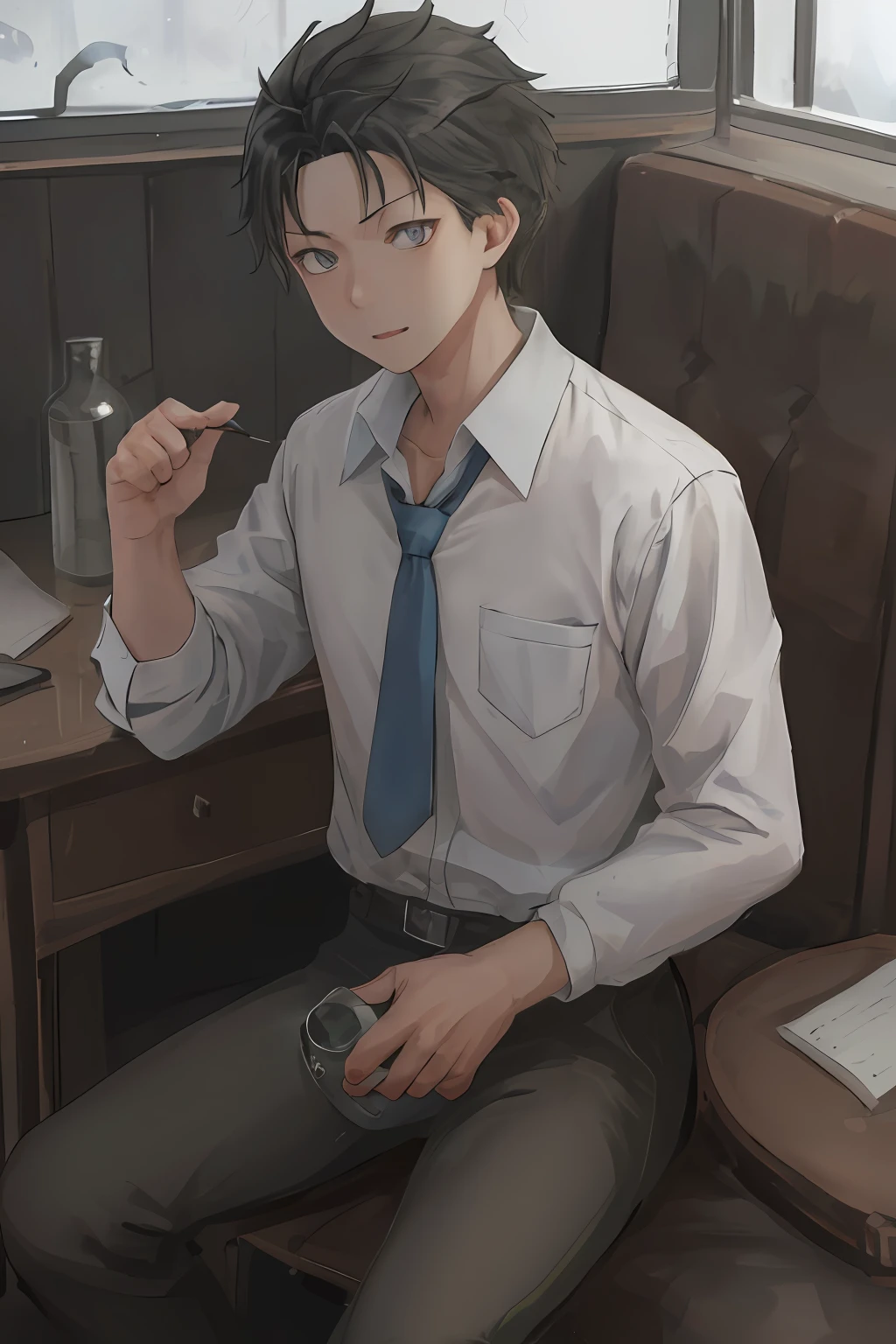 （1 Adult male），A high resolution， Sharp focus， Pixiv masterpiece， （（Complicated details））， highly  detailed， natsuki_subaru， 1 man， with her mouth open，full bodyesbian，sit astride， blue colored eyes（eyes glowing）， blue short hair，white  shirt，Wear a tie，Wear a belt，perspire，look from down