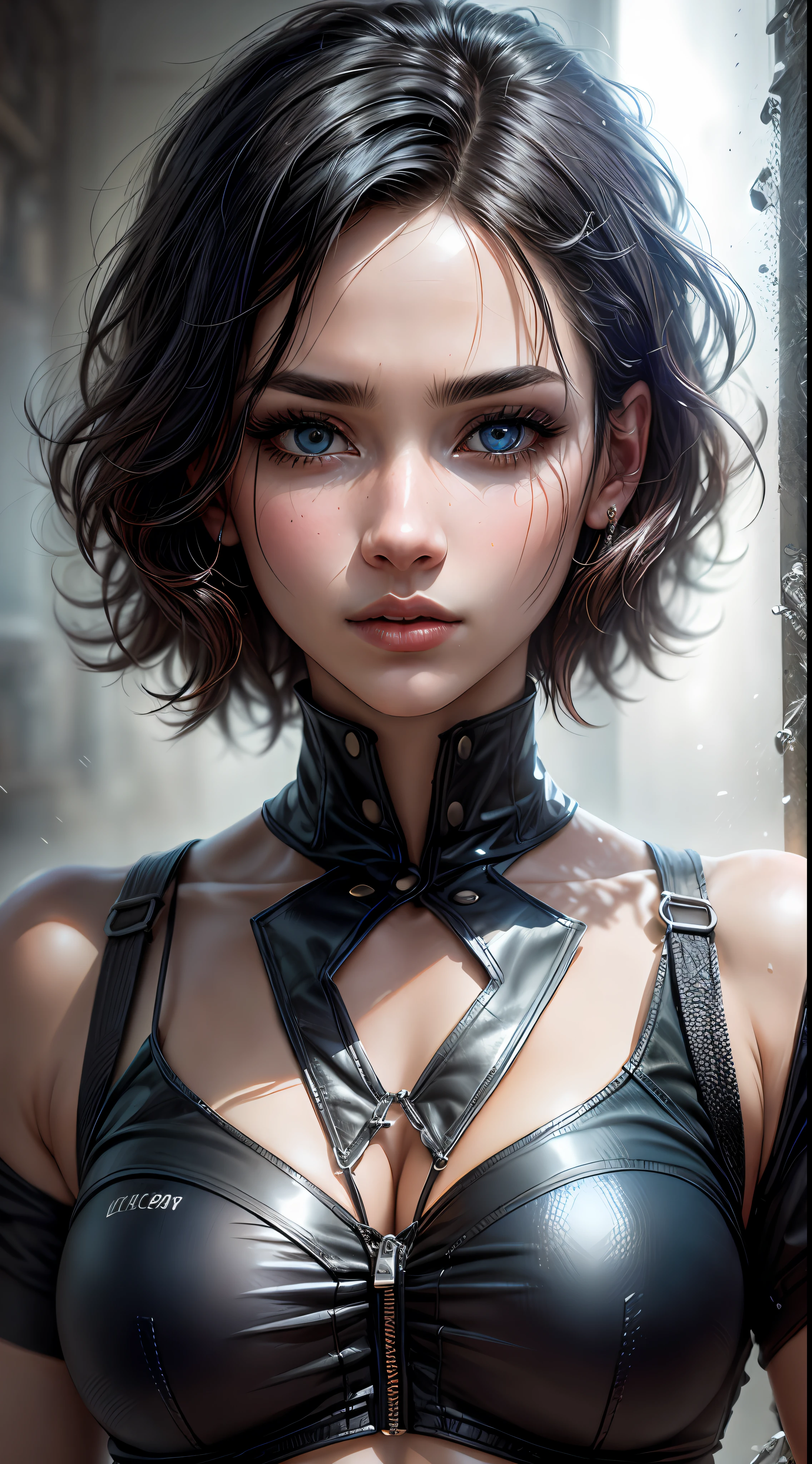 A mesmerizing masterpiece capturing a photorealistic portrayal of a woman with black hair cascading around her face. Her piercing blue eyes, subtly blurred yet captivating, draw the viewer's gaze with an intensity reminiscent of "The Matrix." She gazes directly at the viewer, exuding confidence and intrigue. The lighting is expertly crafted, casting beautiful shadows and highlighting her features with professional precision. The background is softly blurred, emphasizing her presence while maintaining a sense of depth. The portrait exudes a sense of realism, with meticulous attention to detail, including the texture of her short hair and the subtle nuances of her parted lips. The image showcases a film grain effect, adding an artistic touch and enhancing the overall atmosphere
