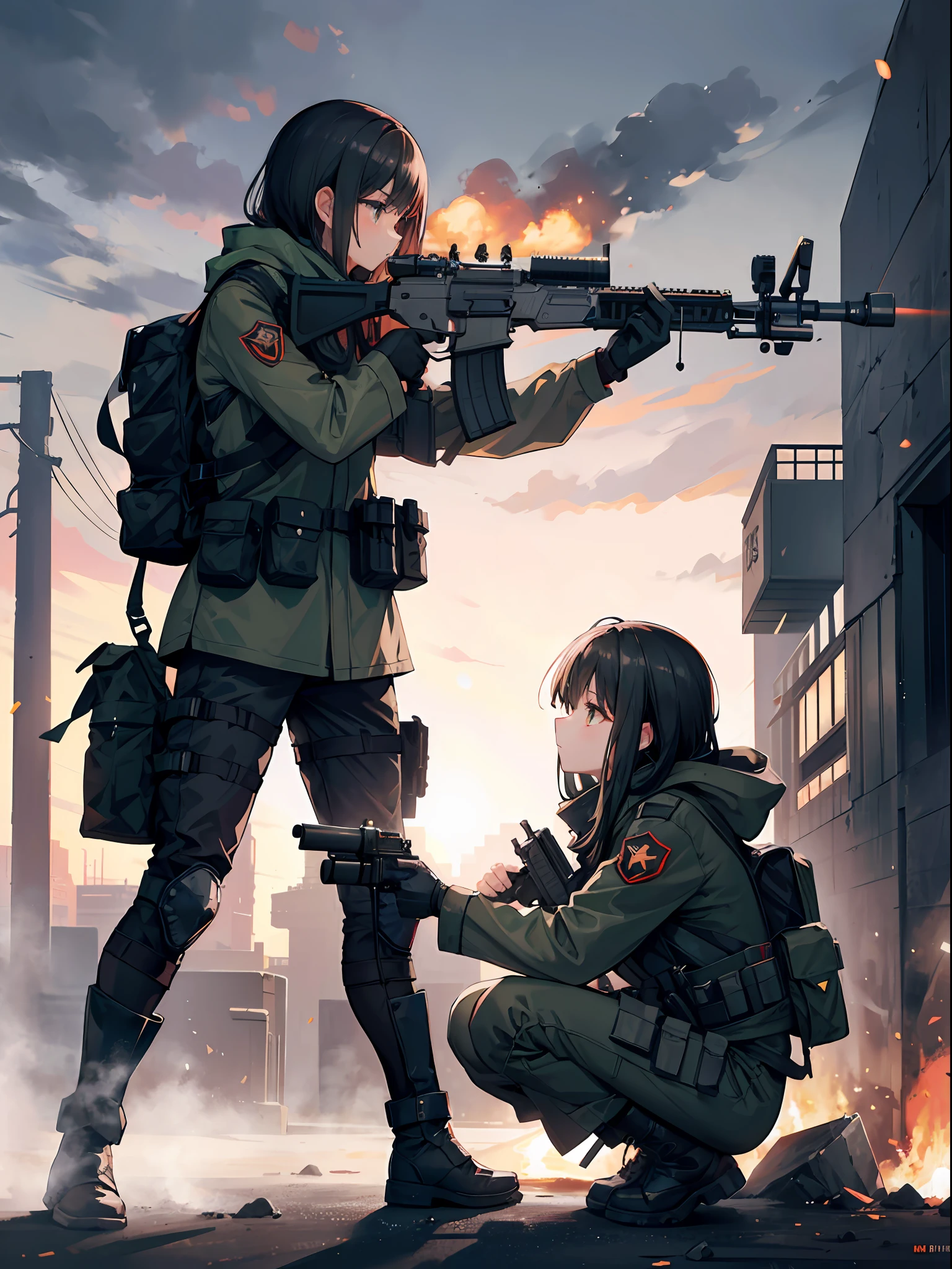 1girl, medium length black hair, amber eyes, full body, thick body, wearing forest green combat shirt, plate carrier and tactical rig, Russian patch, hooded, military G3 combat pants, soldier, tactical headset, scarf, boots, gloves, holding gun, ak-47, akm, assault rifle, kalashnikov rifle, aiming, finger on trigger, warzone scenery, gunfight, gunfire, warfare, embers,(side view:1.4) {{masterpiece, best quality, extremely detailed CG, unity 8k wallpaper, cinematic lighting, lens flare, absurdres, high res, ultrasharp}}