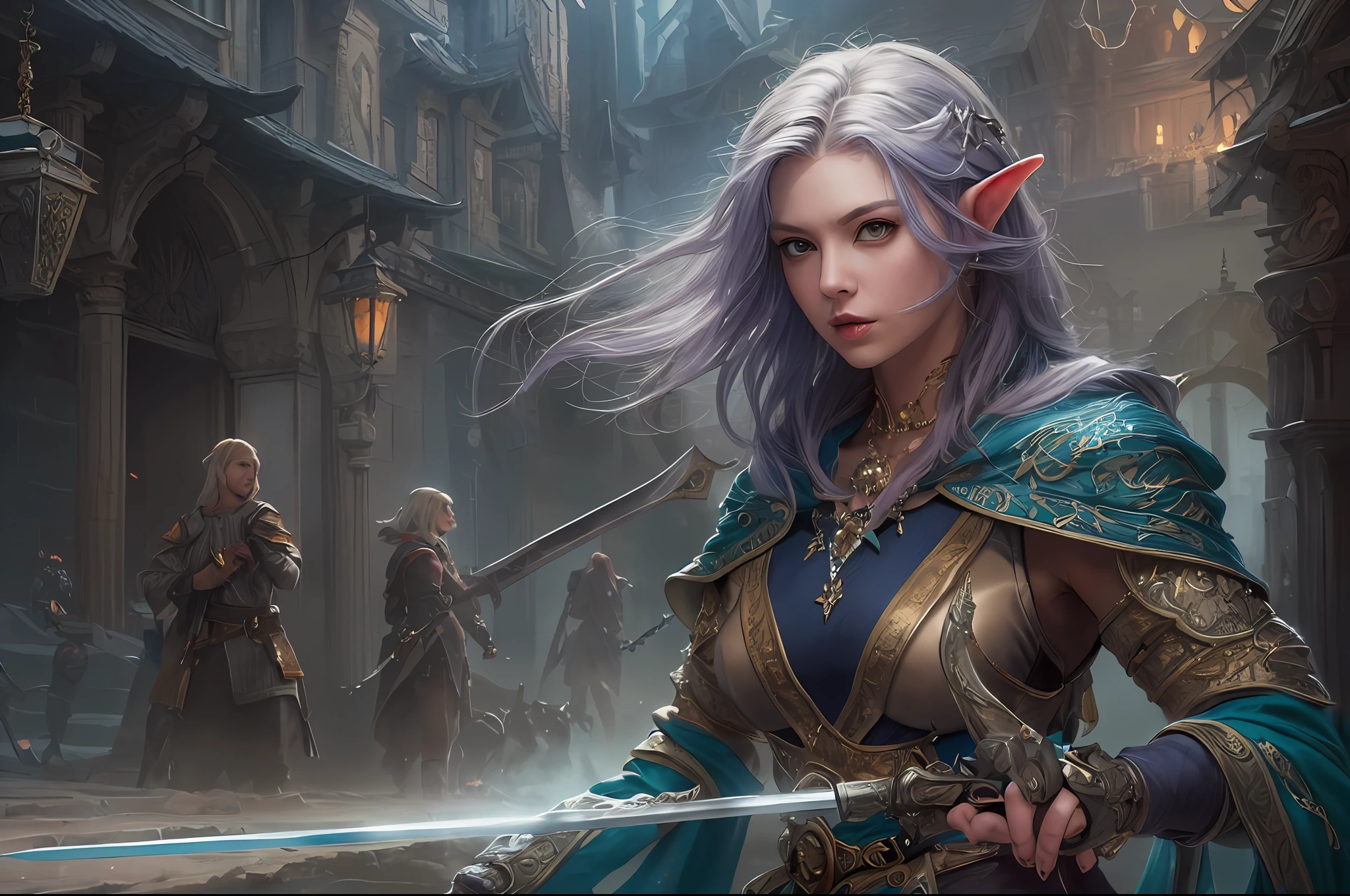 a picture of a female elf (intense details, Masterpiece, best quality: 1.5) fantasy swashbuckler, fantasy fencer, armed with a slim sword, shinning sword, metallic shine, colorful clothes, dynamic clothing, an ultra wide shot, full body (intense details, Masterpiece, best quality: 1.5)epic beautiful female elf (intense details, Masterpiece, best quality: 1.5), rich hair, braided hair, small pointed ears, fantasy urban street (intense details, Masterpiece, best quality: 1.5),  purple cloak, long cloak (intense details, Masterpiece, best quality: 1.5), sense of daring, sense of adventure,  high details, best quality, 8k, [ultra detailed], masterpiece, best quality, (extremely detailed), dynamic angle, ultra wide shot, photorealistic, RAW, fantasy art, dnd art,fantasy art, realistic art,