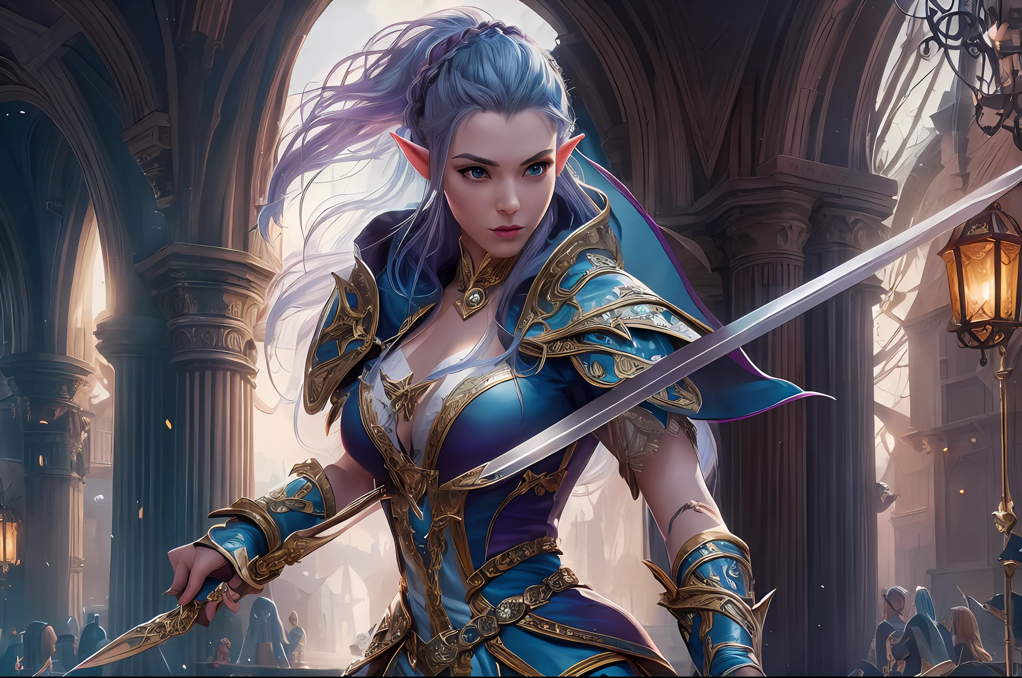 a picture of a female elf (intense details, Masterpiece, best quality: 1.5) fantasy swashbuckler, fantasy fencer, armed with a slim sword, shinning sword, metallic shine, colorful clothes, dynamic clothing, an ultra wide shot, full body (intense details, Masterpiece, best quality: 1.5)epic beautiful female elf (intense details, Masterpiece, best quality: 1.5), rich hair, braided hair, small pointed ears, fantasy urban street (intense details, Masterpiece, best quality: 1.5),  purple cloak, long cloak (intense details, Masterpiece, best quality: 1.5), sense of daring, sense of adventure,  high details, best quality, 8k, [ultra detailed], masterpiece, best quality, (extremely detailed), dynamic angle, ultra wide shot, photorealistic, RAW, fantasy art, dnd art,fantasy art, realistic art,