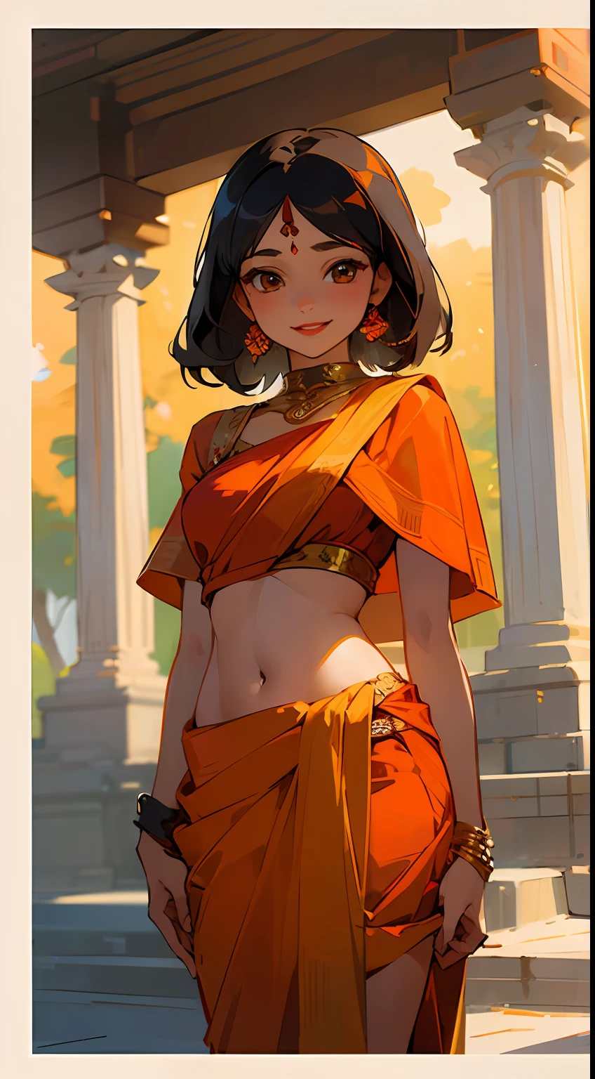 (masterpiece), best quality, expressive eyes, perfect face, young adult, Indian girl, brown eyes, beautiful eyes, Indian saree, orange saree, red lips, ancient Indian temple, black hair with brown highlights, smiling