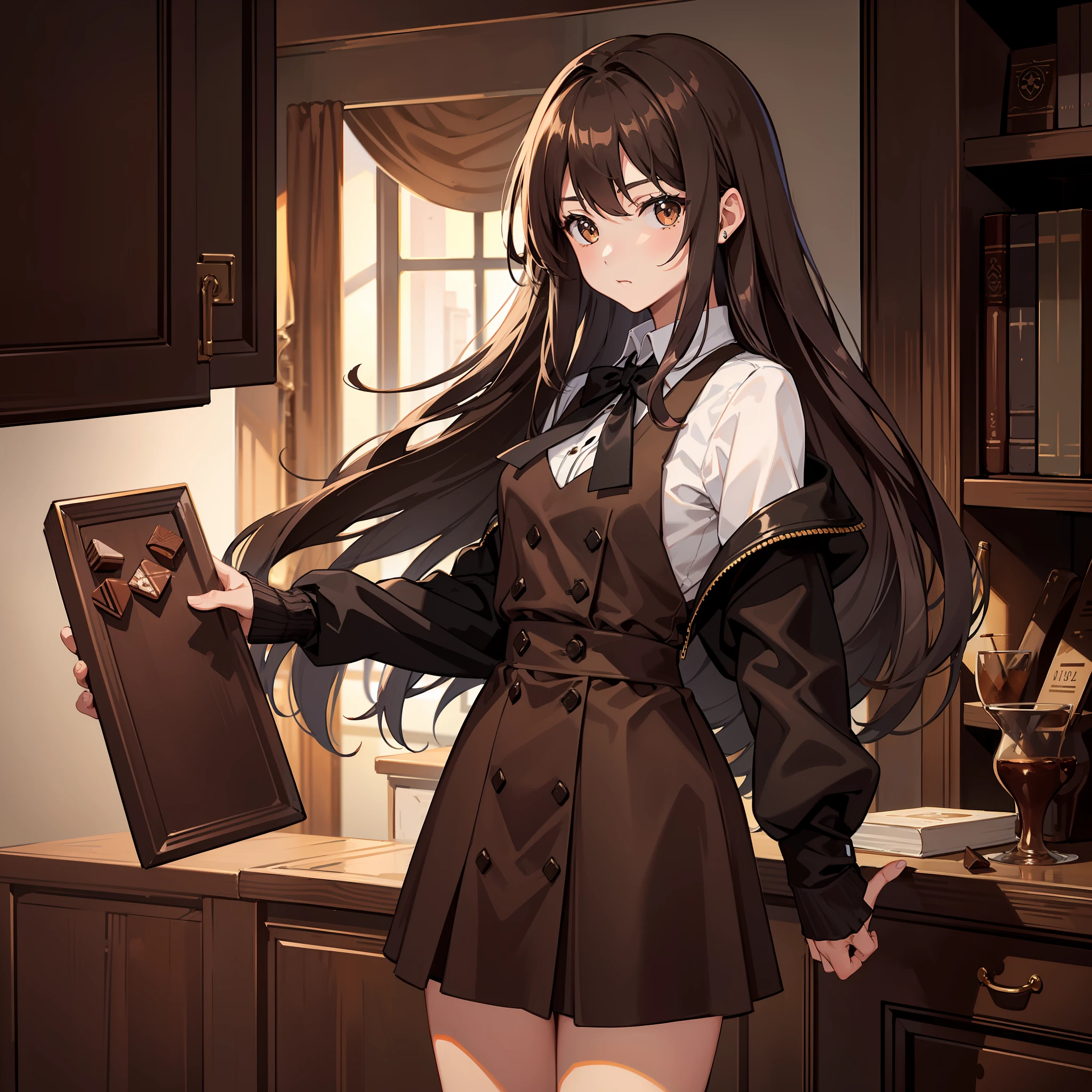 Masterpiece, Best quality, A high resolution, A high school girl with long hair,Chocolate colored hair,Wearing a black vest,Brown coat,Short brown skirt