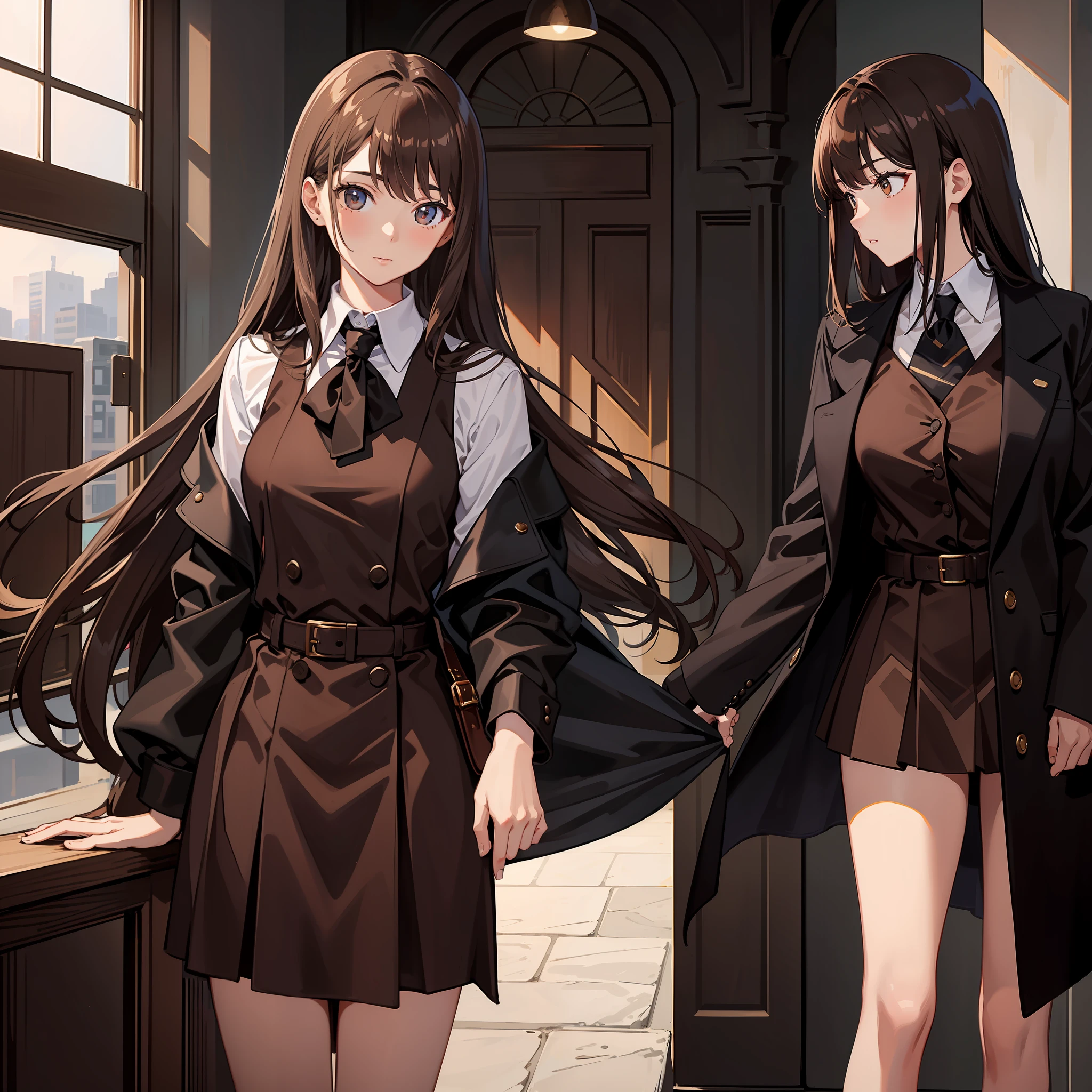 Masterpiece, Best quality, A high resolution, A high school girl with long hair,Chocolate colored hair,Wearing a black vest,Brown coat,Short brown skirt