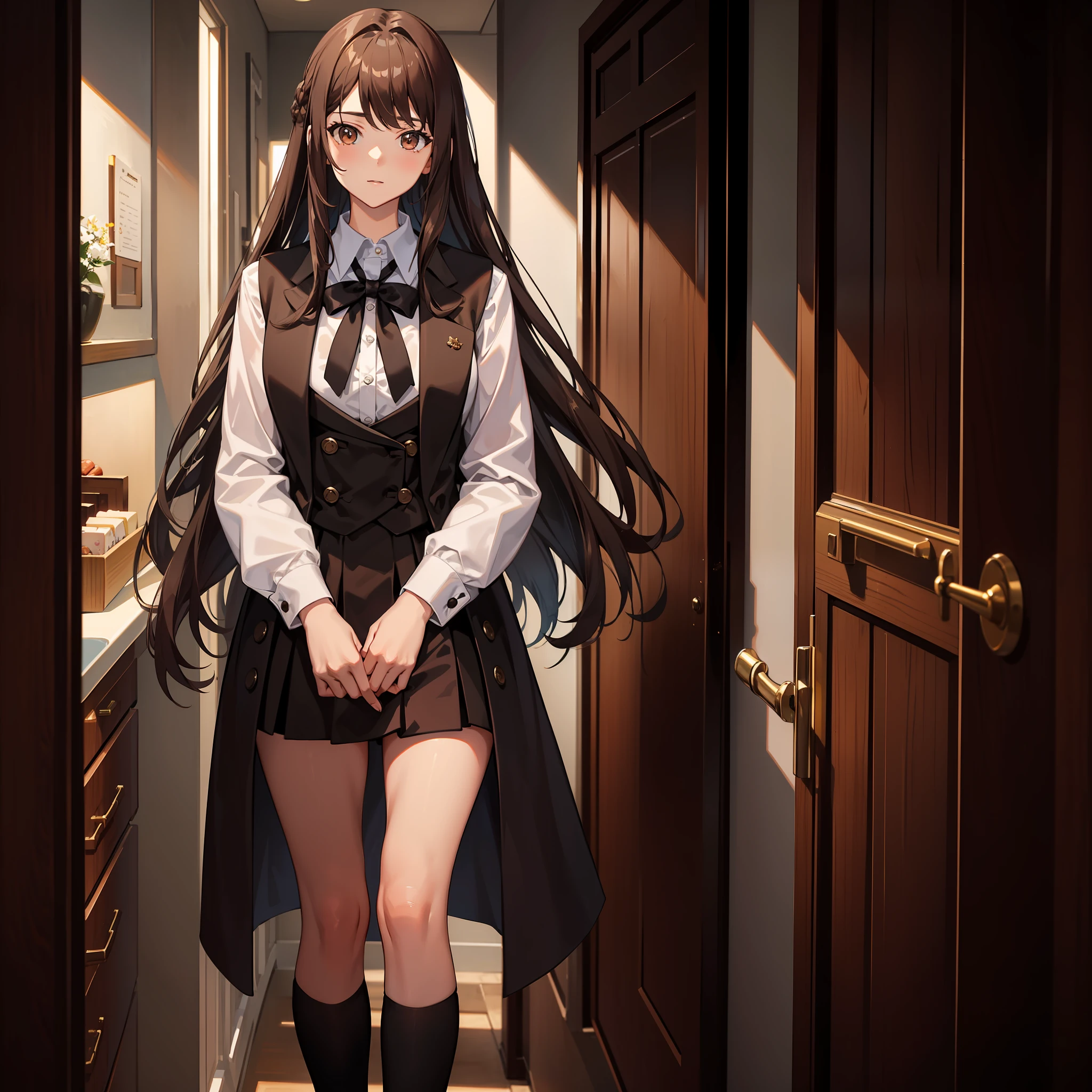 Masterpiece, Best quality, A high resolution, A high school girl with long hair，Chocolate colored hair，Wearing a black vest，Brown coat，Short brown skirt
