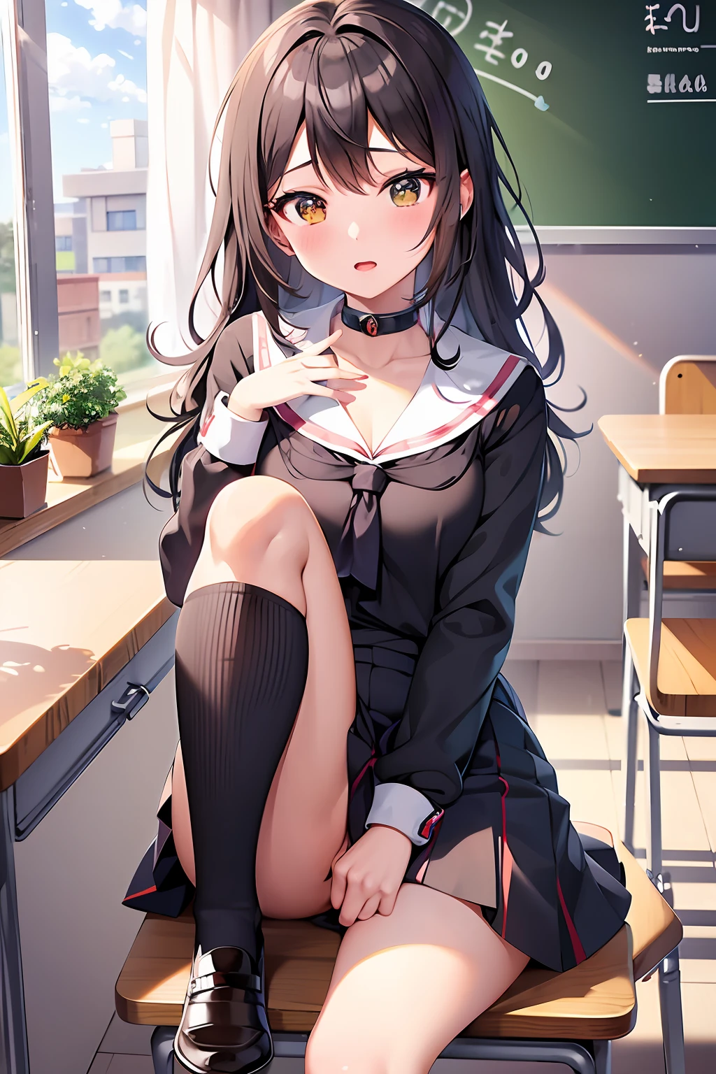 Anime girl sitting on classroom desk with blackboard, beautiful anime high school girl, Cute anime girl, Anime visuals of cute girls, Seductive Anime Girl, anime moe art style, beautiful anime girl squatting, Anime Best Girl, Smooth Anime CG Art, charming anime girls, a hyperrealistic schoolgirl, pretty anime girl, young anime girl
