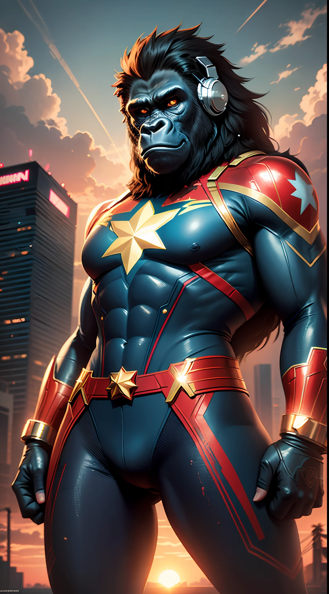 (nvinkpunk:1.2) (synthwave style:0.8) Gorilla dj, wearing captain marvel costume, anthro, lightwave, sunset, intricate, highly detailed