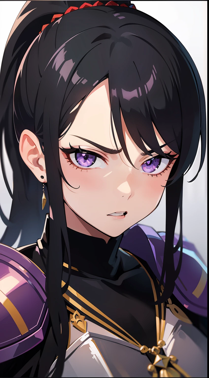 adult man, Long black hair, high ponytail, violet eyes, fantasy, Korean armor, anger, Masterpiece, hiquality