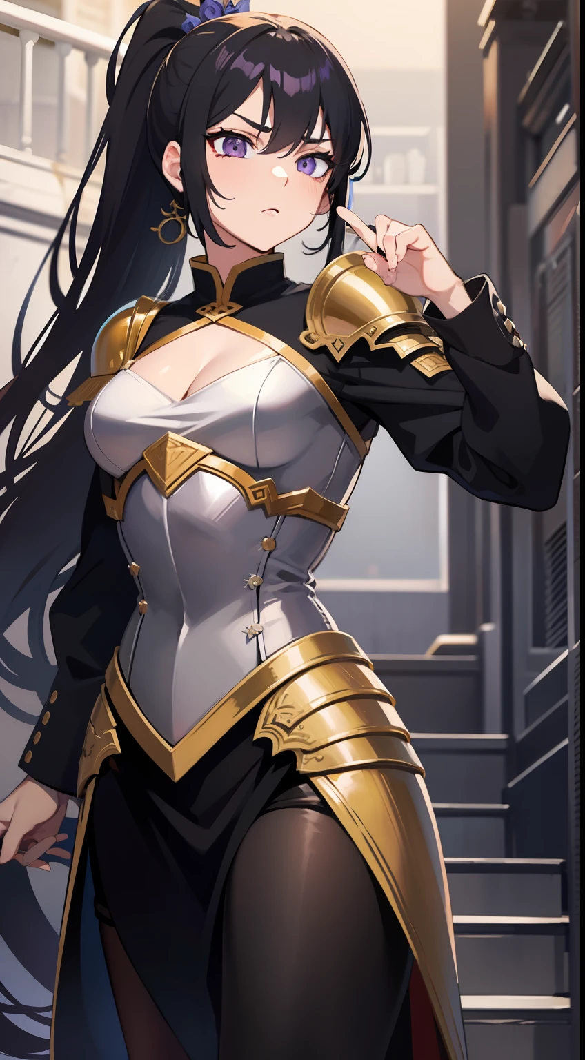 adult man, Long black hair, high ponytail, violet eyes, fantasy, Korean armor, anger, Masterpiece, hiquality