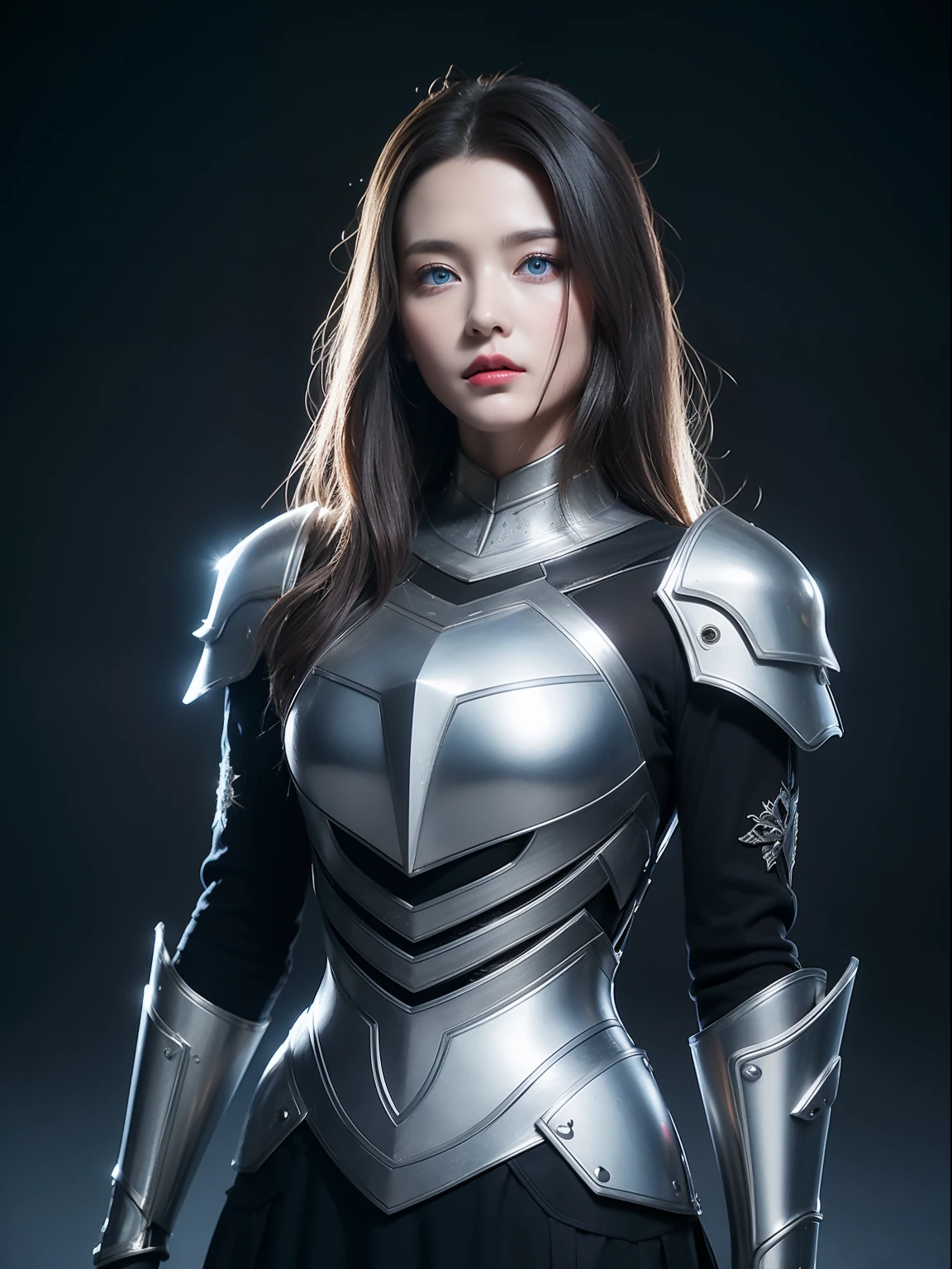 Masterpiece, Best quality, high resolution, 8K, Portrait, Realistic photo,( Combine clothing with Korean fashion design),Digital photography, full bodyesbian, 1 16-year-old girl, (Cyborg), Beautiful blue-gray gradient long hair, Blue eyes, Intricate, elegant, Highly detailed, The crown of evil, Black dress, ,Silver metal exoskeleton armor, Intricate knightly hollow armor,power armour, Openwork design, mechanical structure, Photo pose, Solemn,, Red lips, From the movie《Final Fantasy XV》.Metallic texture, oc rendered,Reflective texture, ((Clothing cutting)), ((Set against the backdrop of the castle and the huge Moster))