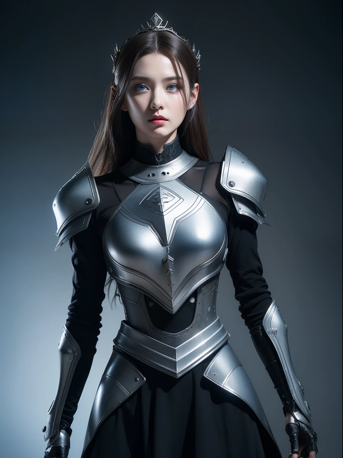 Masterpiece, Best quality, high resolution, 8K, Portrait, Realistic photo,( Combine clothing with Korean fashion design),Digital photography, full bodyesbian, 1 -yeld gi (Cyborg), Beautiful blue-gray gradient long hair, Blue eyes, Intricate, elegant, Highly detailed, The crown of evil, Black dress, ,Silver metal exoskeleton armor, Intricate knightly hollow armor,power armour, Openwork design, mechanical structure, Photo pose, Solemn,, Red lips, From the movie《Final Fantasy XV》.Metallic texture, oc rendered,Reflective texture, ((Clothing cutting)), ((Set against the backdrop of the castle and the huge Moster))