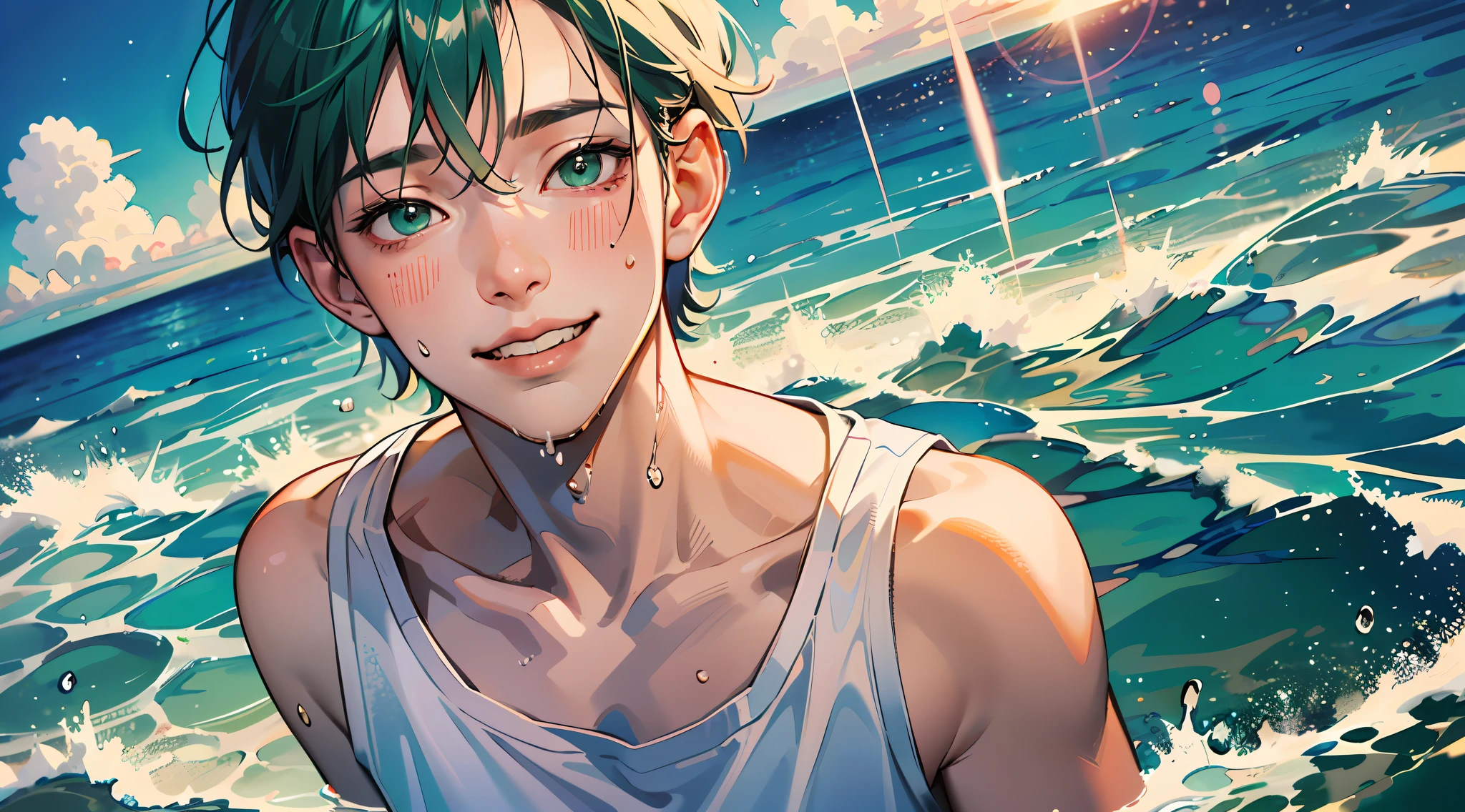 ((masutepiece:1.4, Best Quality)),((masutepiece, Best Quality)),16 year old boy running on calm sea beach,short green hair,Green eyes,T-shirt without pattern, Short brown pants,Wet face or clothes,blush,Happy smile,Blue sky,Horizon,, water dripping,Lens Flare,Magnificent view,(chromatic abberation:1.3),Dynamic Angle,(Cowboy Shot:1.3),Looking at Viewer、Skysky