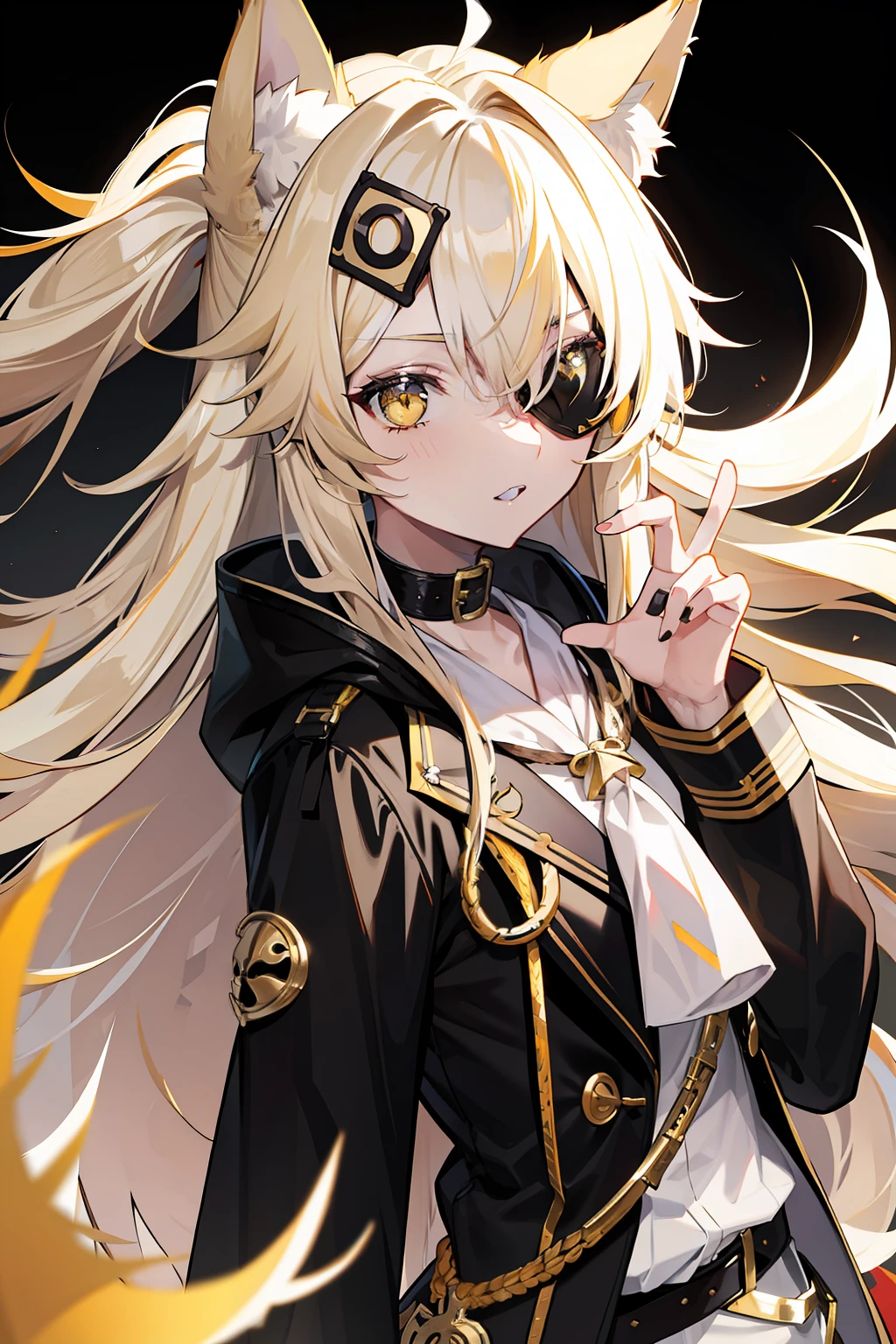 Kizi,Wolf ears,eye patch over left eye,long whitr hair,Brownish-yellow hair