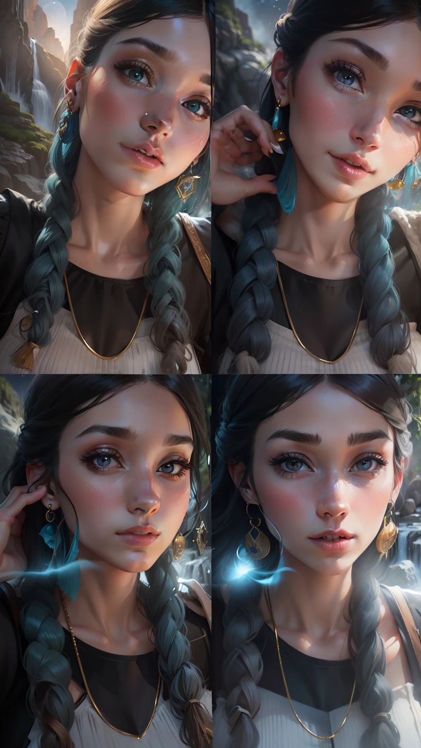 Large waterfalland background, moon in sky, blue earrings, realistic face, beutiful girl, 8k ultra realistic