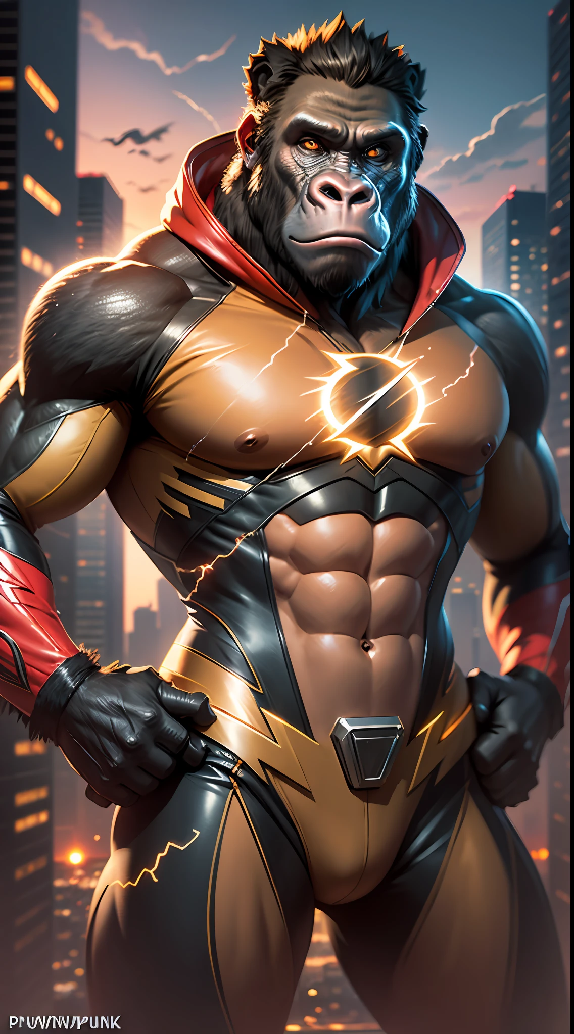 (nvinkpunk:1.2) (synthwave style:0.8) Gorilla dj, wearing the flash costume, anthro, lightwave, sunset, intricate, highly detailed