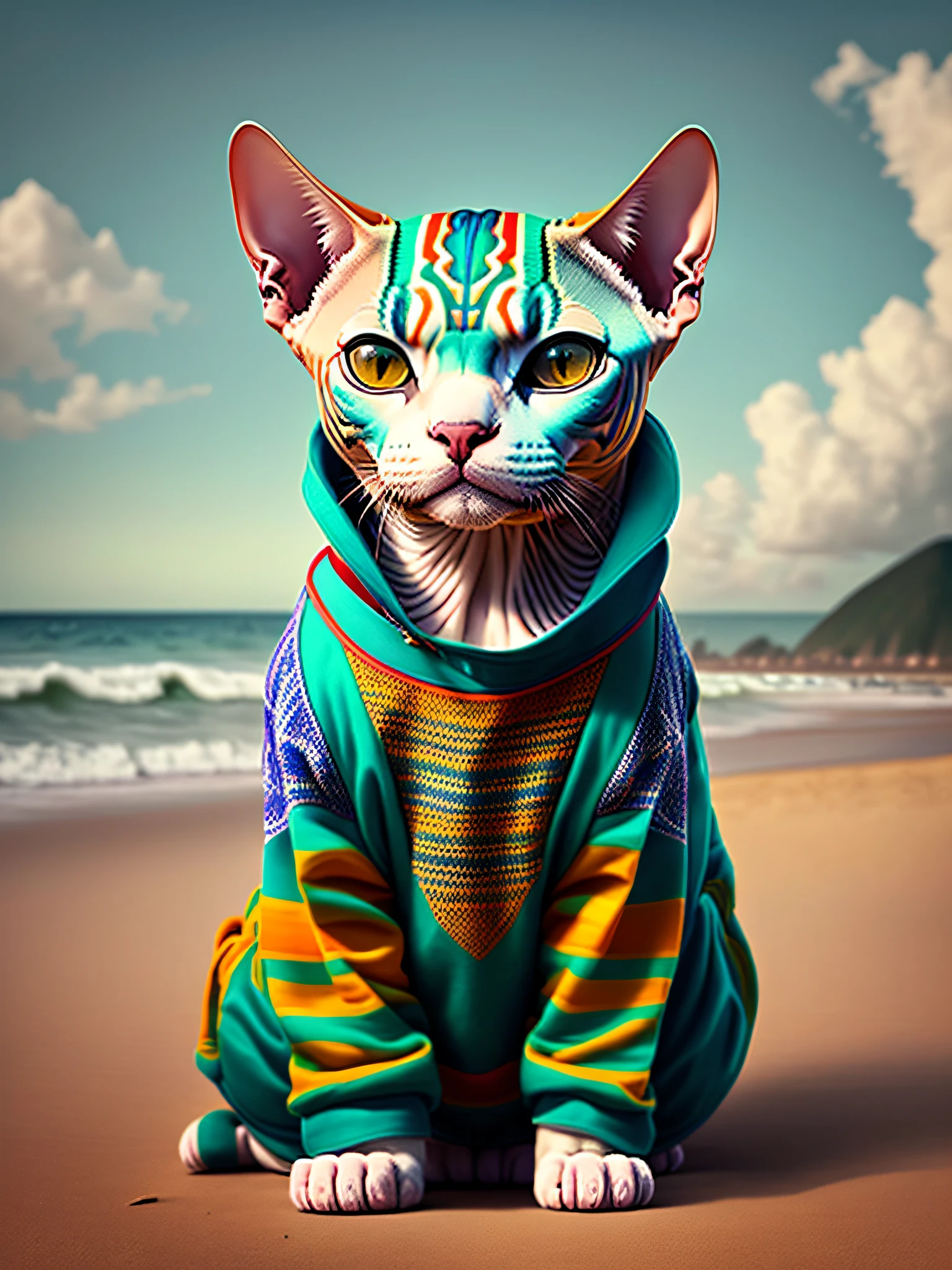 image of a beautiful Sphynx cat, trend of the art season, dressed in beach clothes, hyper realistic detailed rendering, Brazilian gang member, urban style, relaxed pose, planet of cats, fashion clothes, urban samurai, meow, west slavic traits, 8 1 5