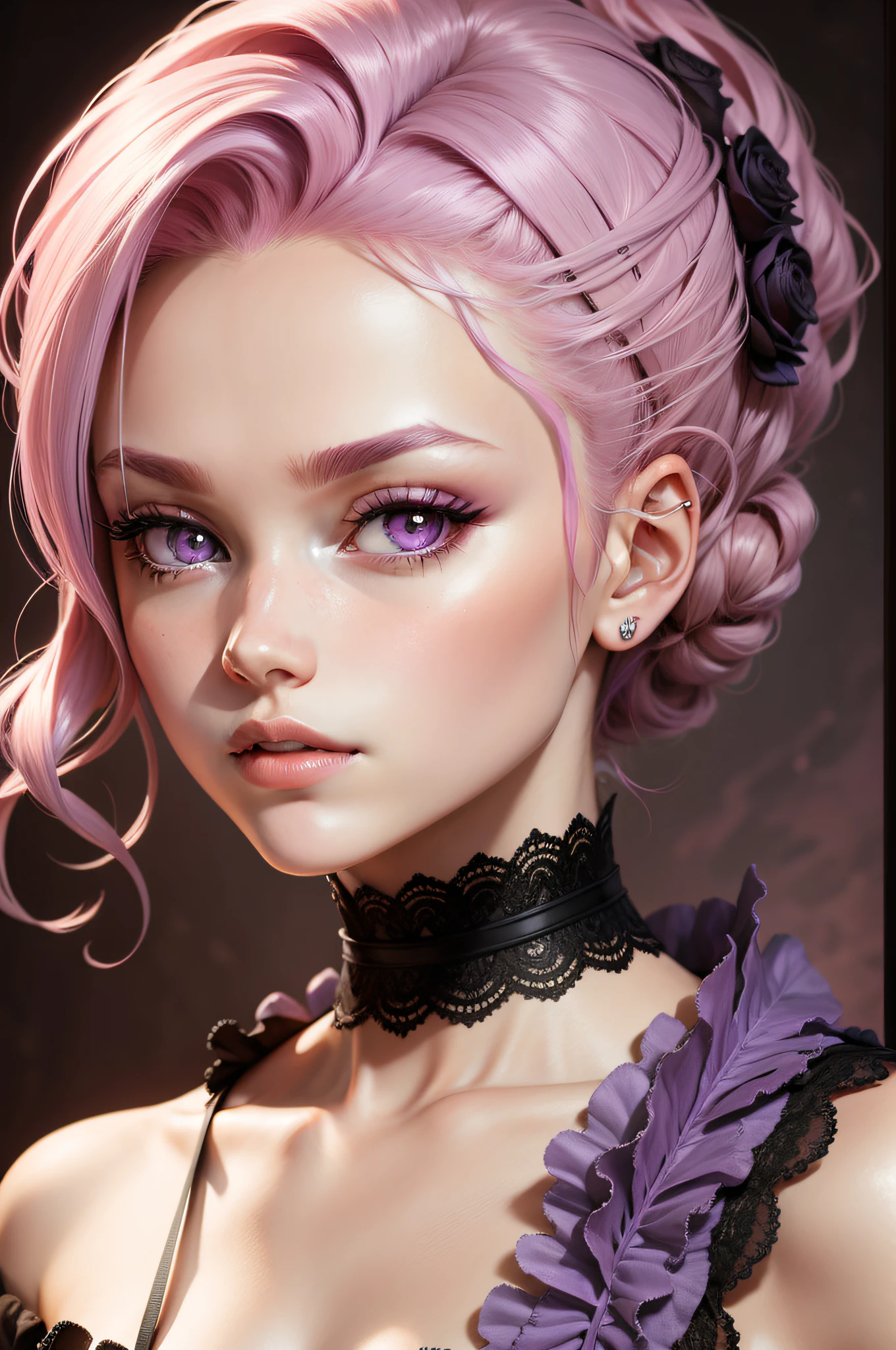 Rose with girly face，busts，Purple pupils，with pink hair