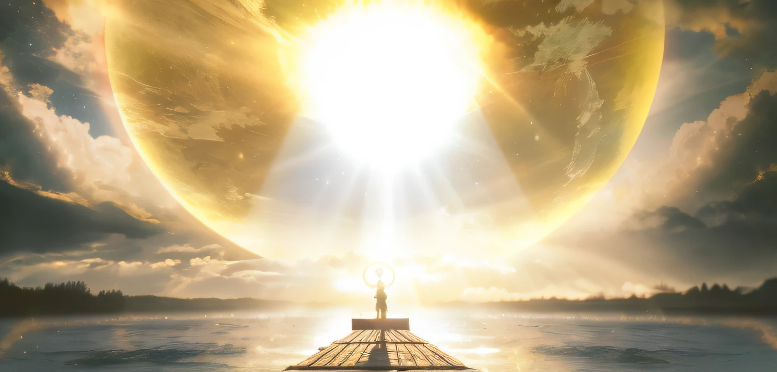 There was a man standing on the dock,In the background is a huge green jade bi, praise the sun, a massive celestial giant god, god of the sun, Light of the gods, god sun rays, Volume God Thunder, A glowing halo overhead, a shaman holding up the universe, Dramatic lighting spirit scenes, Lens flare. occult photorealism,Exquisite rendering,Realistic 4K,(8K, RAW photo, Best quality, Masterpiece:1.4)