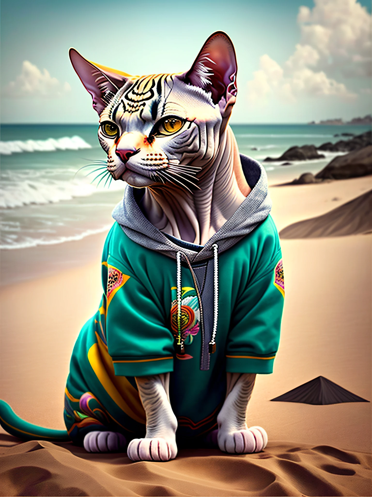 image of a beautiful Sphynx cat, trend of the art season, dressed in beach clothes, hyper realistic detailed rendering, Brazilian gang member, urban style, relaxed pose, planet of cats, fashion clothes, urban samurai, meow, west slavic traits, 8 1 5