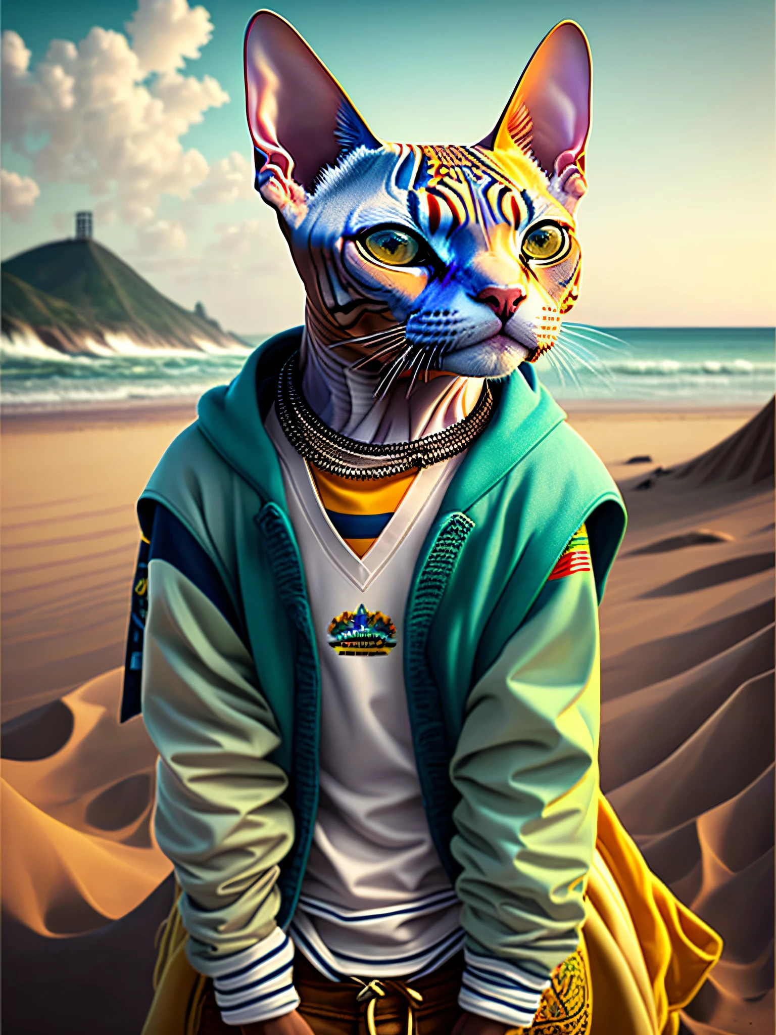 image of a beautiful Sphynx cat, trend of the art season, dressed in beach clothes, hyper realistic detailed rendering, Brazilian gang member, urban style, relaxed pose, planet of cats, fashion clothes, urban samurai, meow, west slavic traits, 8 1 5