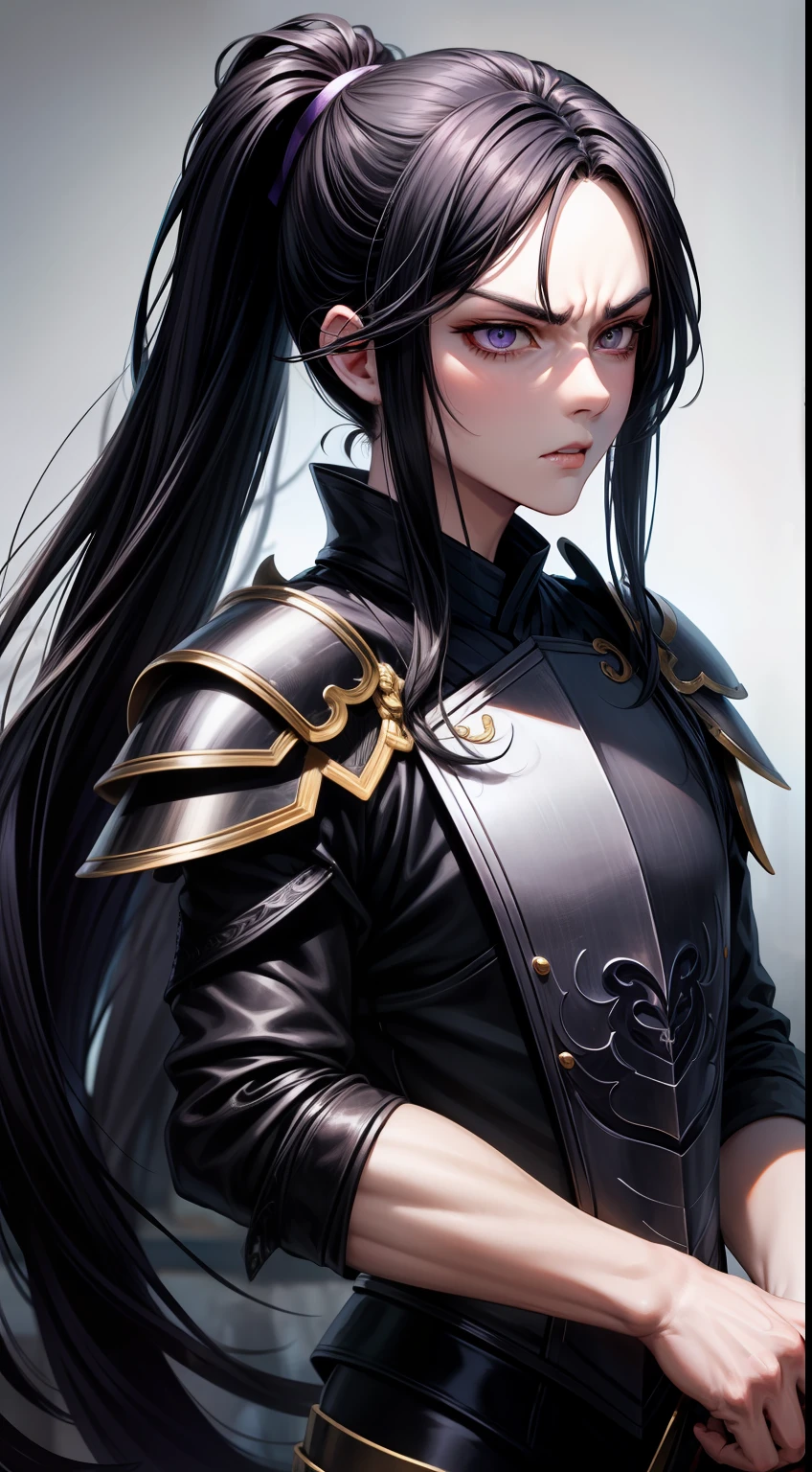 adult man, Long black hair, high ponytail, violet eyes, fantasy, Korean demon armor, anger, Masterpiece, hiquality