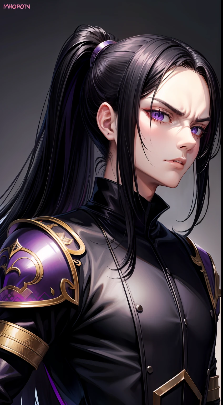 adult man, Long black hair, high ponytail, violet eyes, fantasy, Korean demon armor, anger, Masterpiece, hiquality