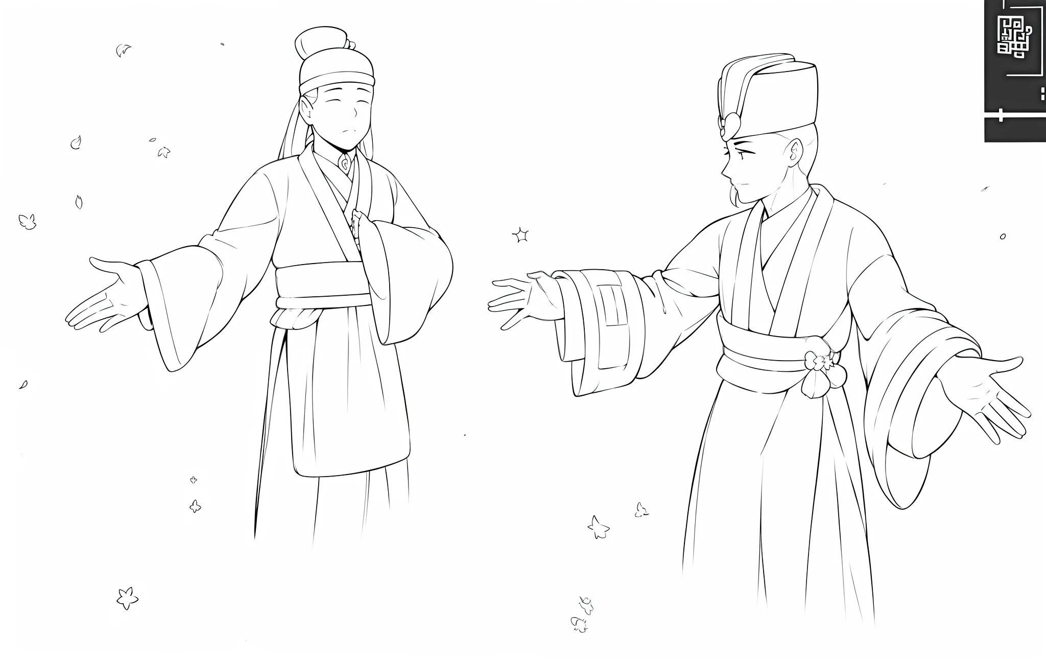 "A illustration,maximalist details,Storybook style illustration,inspired by Emperor Huizong of Song,Ultra-flat feel,The lines are black,Monochrome performance,In particular, Highlight the black and white manuscript effect,The background is predominantly simple,Painting with white background as background"
