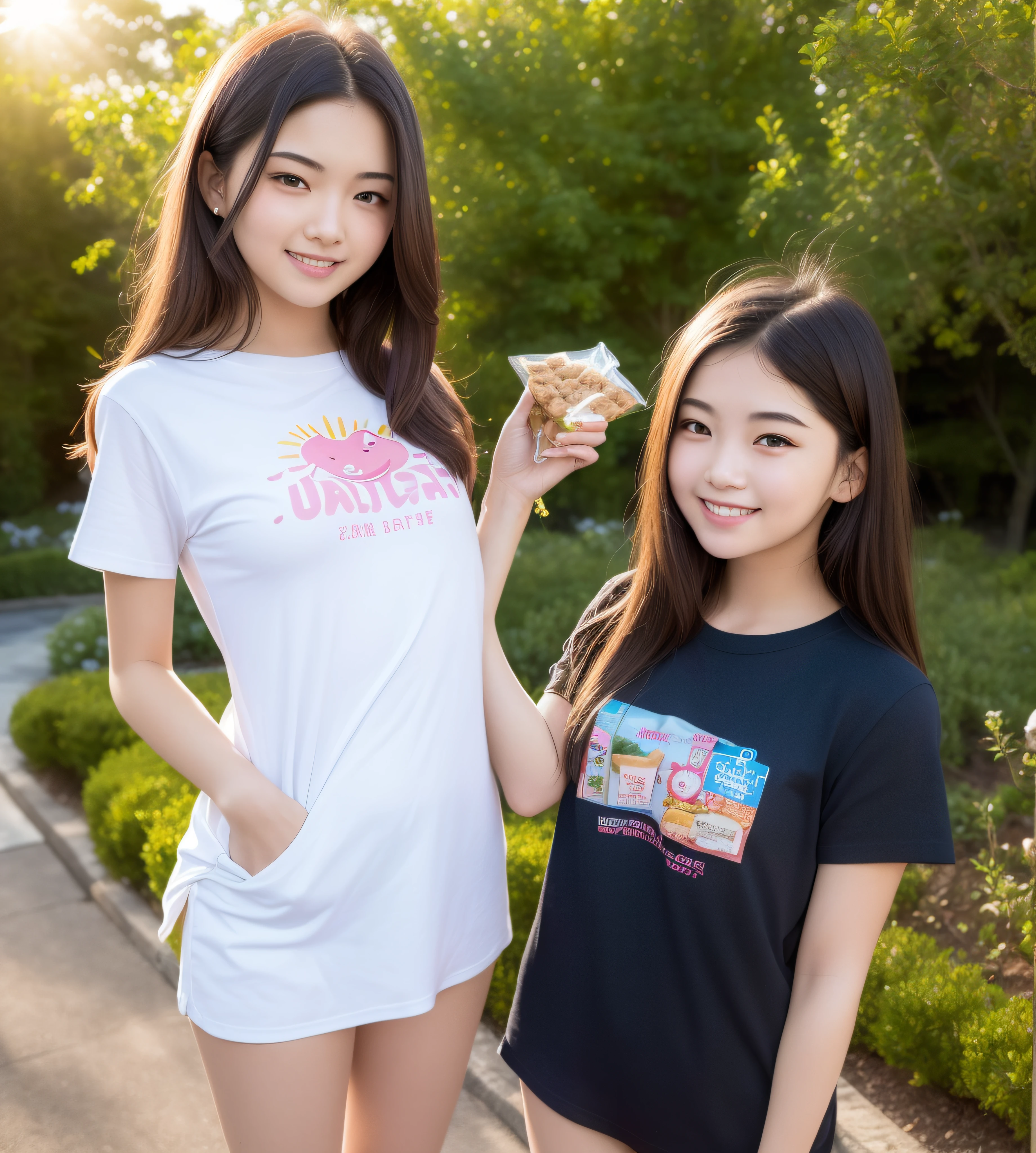 (Realistic:1.2), 18yo Girl, (((1 cute beautiful girl only))), garden park, (smile expression, open mouth, Standing: 1.2), (((hold the small snack at a hand))), long hair, looking at the viewer, small waist, medium breast size, use a beautiful T-shirt, normal skin, low sun light