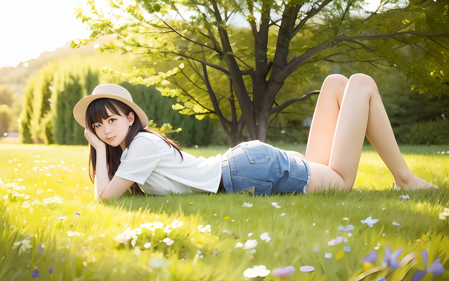 Cute young girl, Lying on the grass, cute photograph,young girl lies on a meadow,Wear underwear