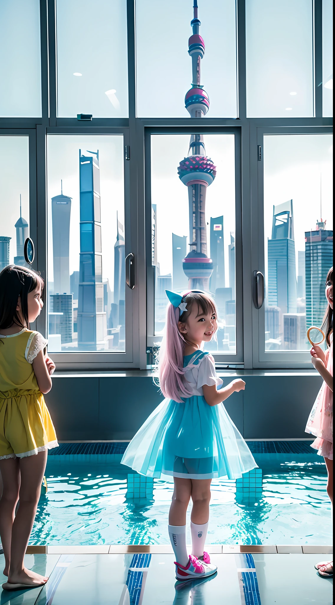 Indoor swimming pool on the 180th floor of the gate of Shanghai Tower，Sports Center，There were five  girls wearing openwork translucent stockings，Pouting and smiling，is shy，Pout，Pink, gold, White, Blue, Five colors, Two-tailed hair and cyan eyes，Anime littlein servant costume