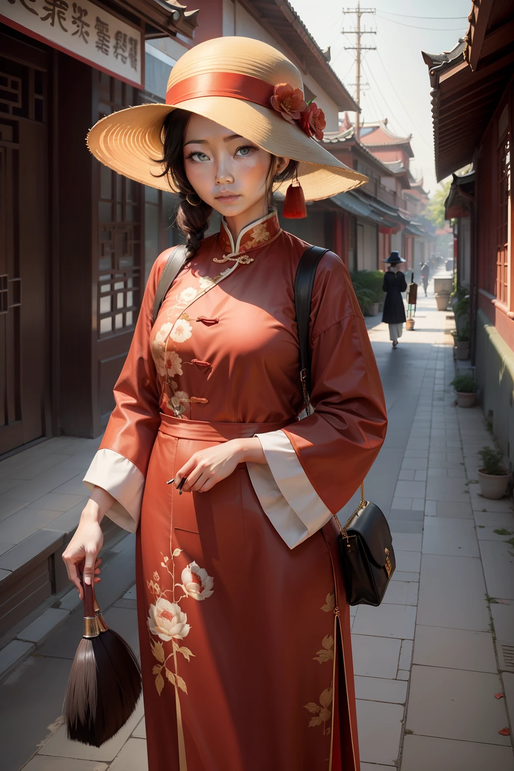 China-style,There was a woman standing in the suburbs,Look into the distance,With a hat,Hold a brush,Very laid back