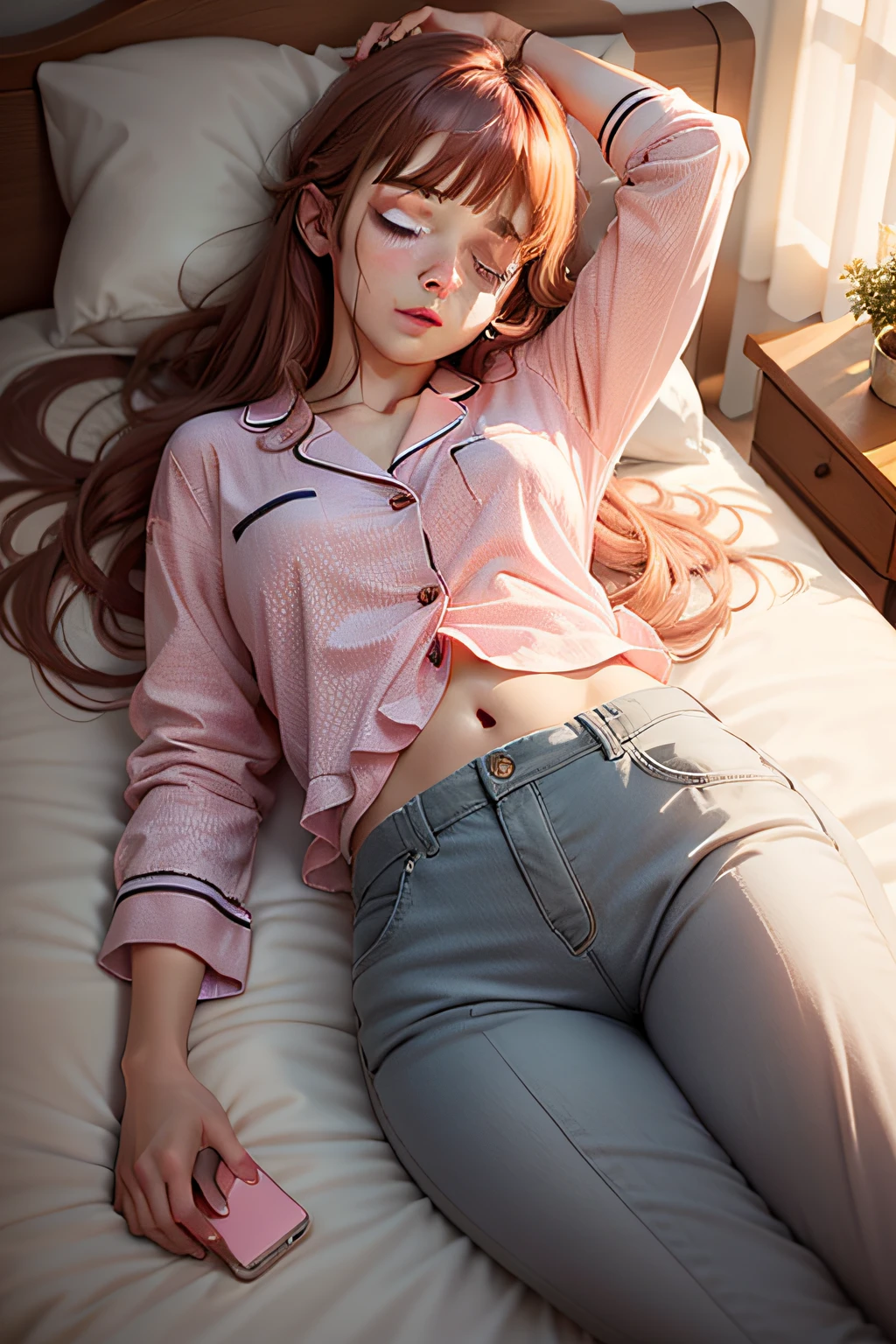 Sleeping girl, 22 years old, realistic, she is wearing long pants, she is wearing pink pajama, brown hair.