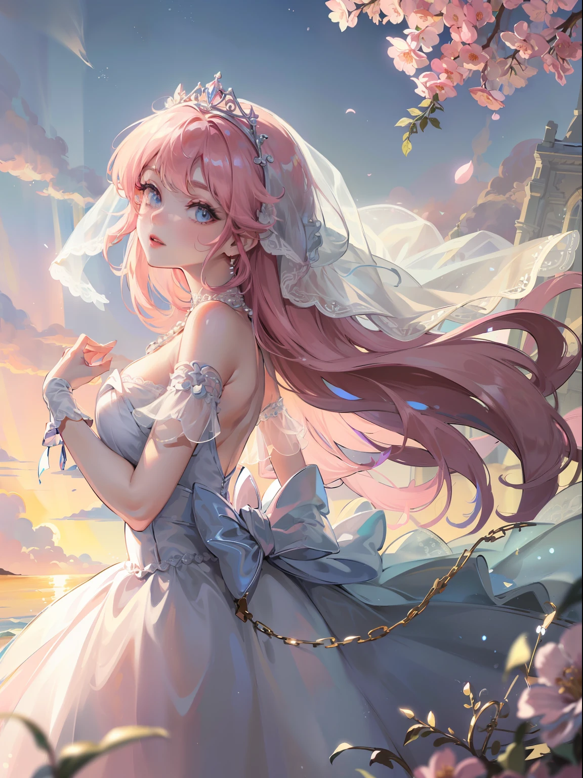 ((Masterpiece)), (((Best quality)))), ((Super detail)), ((illustration)), finedetail, Ultra-detailed CG unified 8k, A high resolution, {Beautiful detail eyes}, finedetail, Beautiful detail eyes, Illustration of Aning, Masterpiece, Best quality, Beautiful face, Shining eyes, Front light, Look at the viewer, 1girll, Smile, cheerfulness, blissful, Beautifully decorated accessory necklace, Front view, (((Gradient, Pink, Light blue)), Wearing a white off-the-shoulder wedding dress,Delicate lace and pearls adorn the shape of a flower, Stand on the steps of the church, Brightens fair, radiant skin, posed for photo, Light and wings descend from the sky , Bright shades, The bride has a long veil, Sparkling tiara, Double-sided bread, Pink Long Hair, chies,