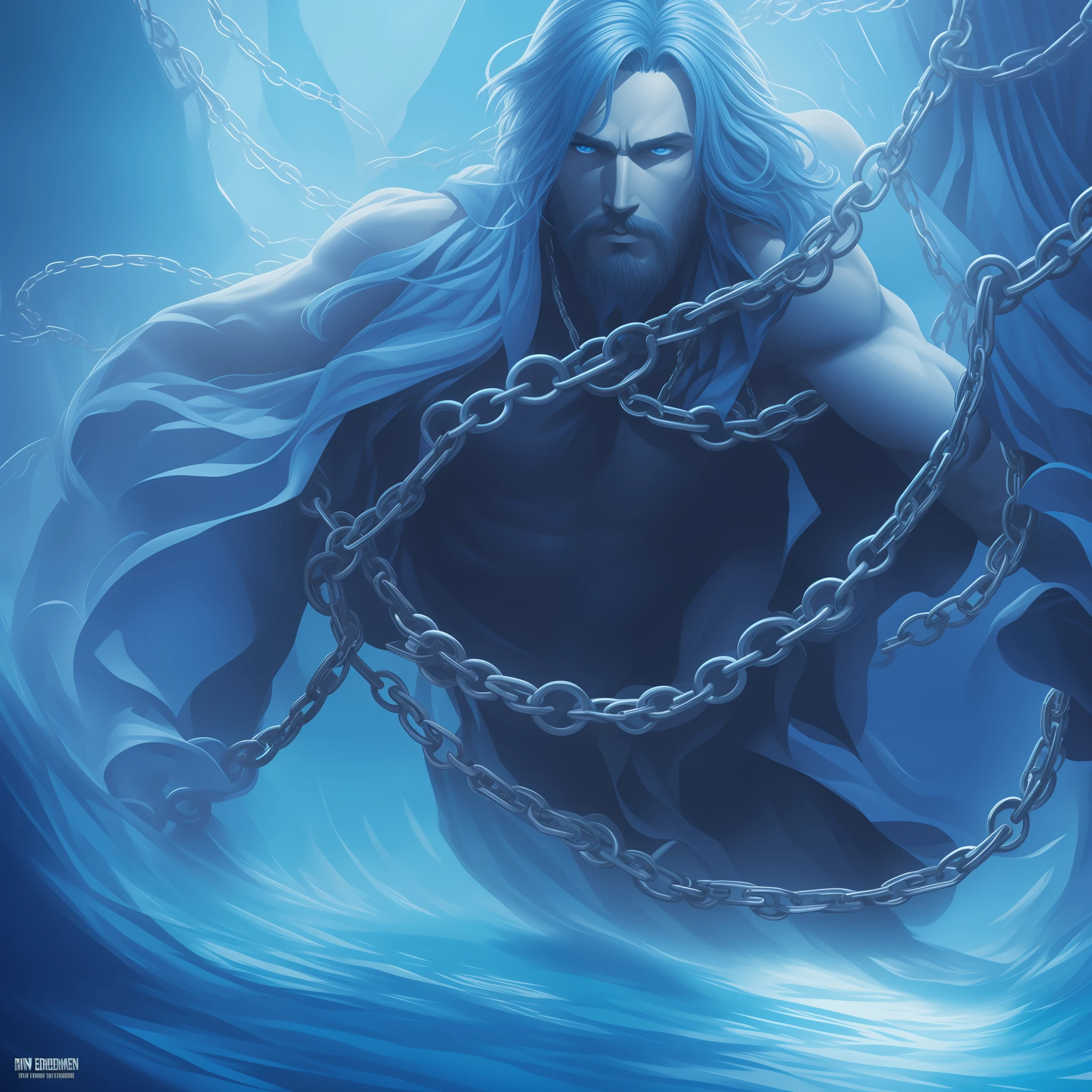 Enhance. Man in chains yearning for Love Blue Freedom. Fantasy Art. Reimagine in a blue forrest