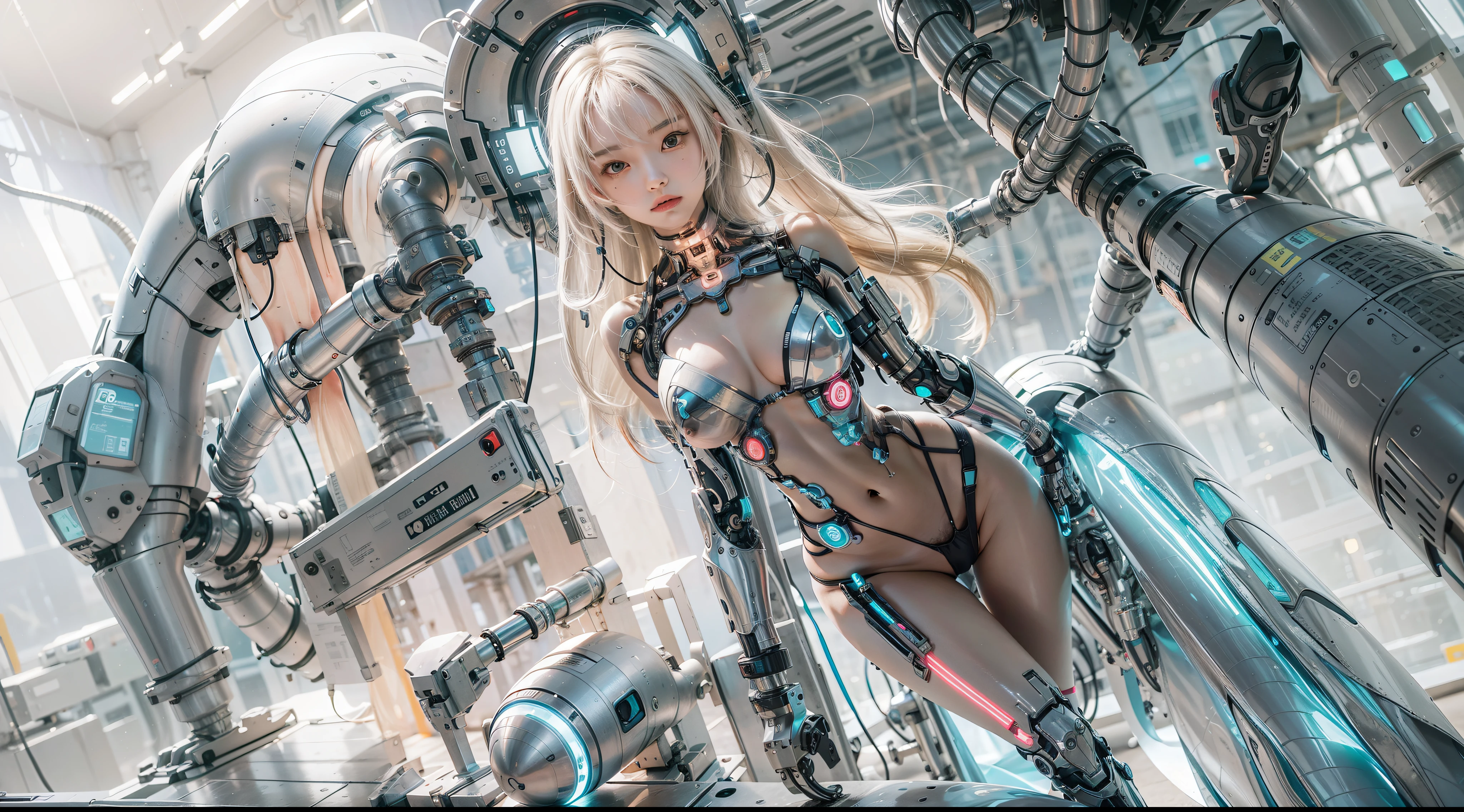 Android Girl, 1girl, cybernetic limbs, sexy, small pubic hair, cybernetic part, breast, fullbody, naked