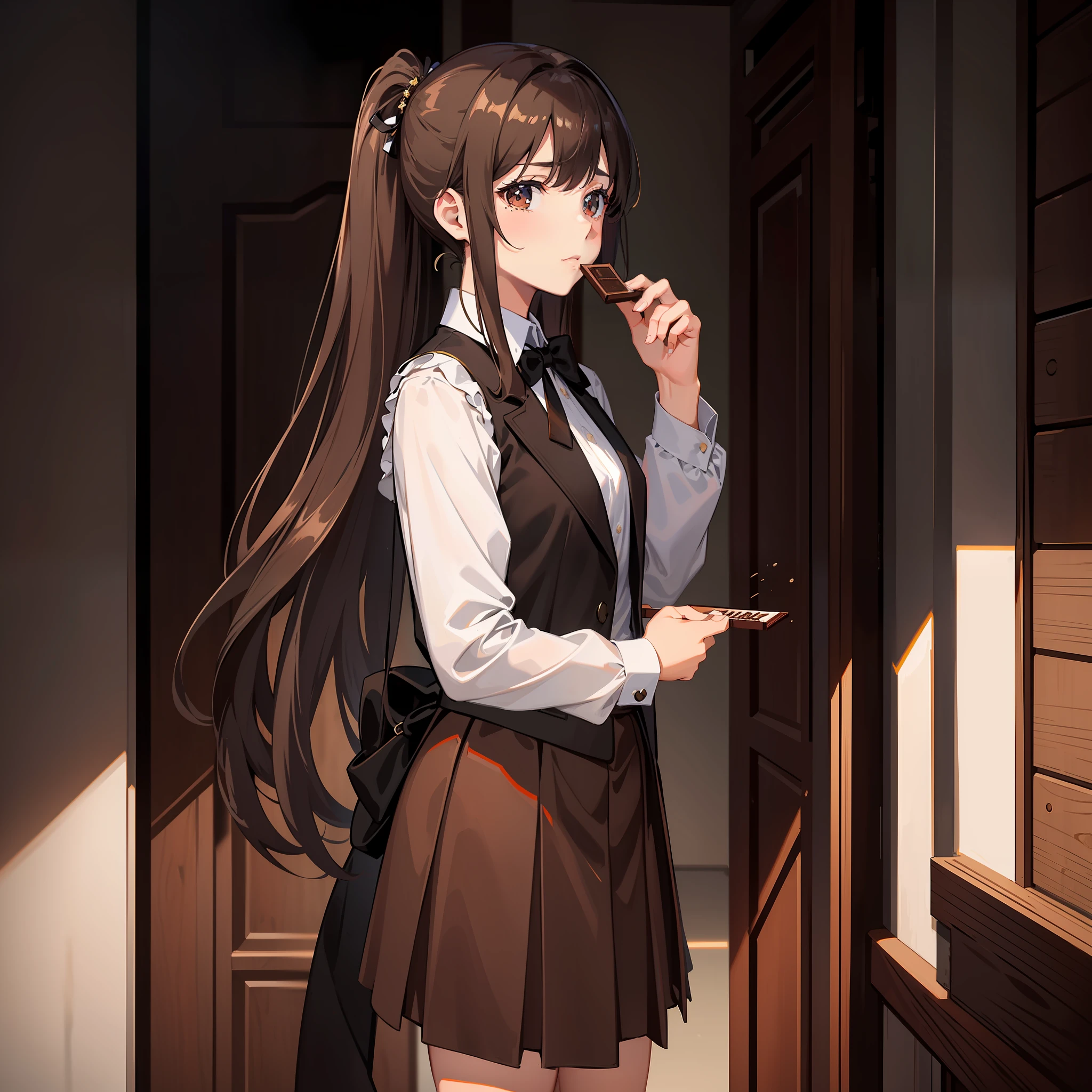 Masterpiece, Best quality, A high resolution, A high school girl wears a long ponytail,Chocolate colored hair,Wearing a black vest,Brown coat,Short brown skirt,Tears shone in his eyes,teary