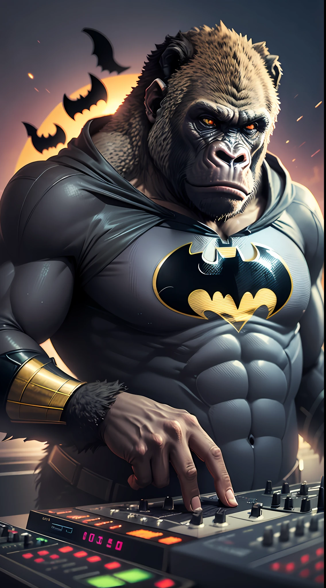 (nvinkpunk:1.2) (synthwave style:0.8) Gorilla dj, wearing batman costume, anthro, lightwave, sunset, intricate, highly detailed