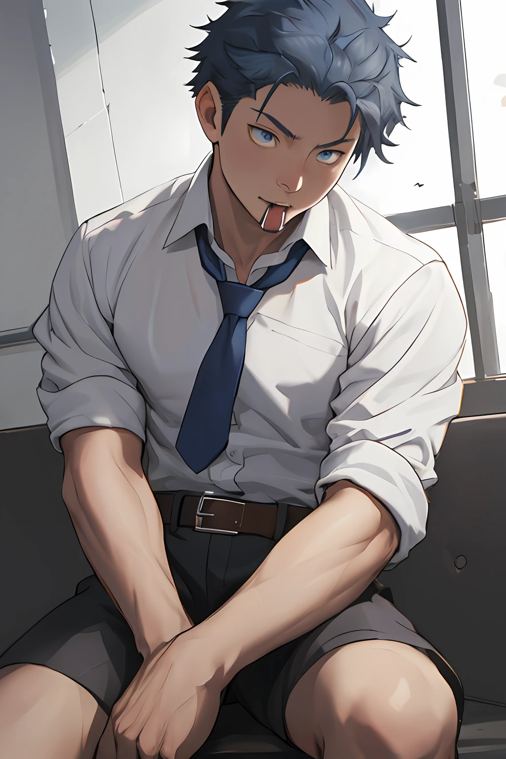 （1 Adult male），A high resolution， Sharp focus， Pixiv masterpiece， （（Complicated details））， highly  detailed， natsuki_subaru， 1 man， with her mouth open，full bodyesbian，sit astride， blue colored eyes（eyes glowing）， blue short hair，white  shirt，Wear a tie，Wear a belt，perspire，look from down