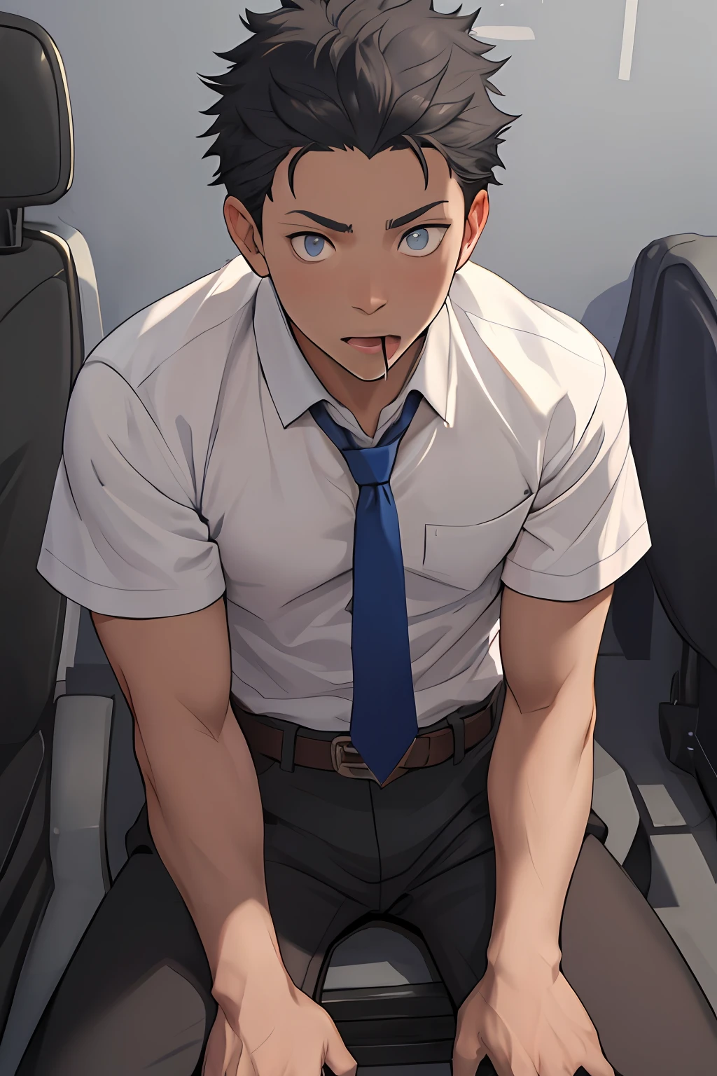 （1 Adult male），A high resolution， Sharp focus， Pixiv masterpiece， （（Complicated details））， highly  detailed， natsuki_subaru， 1 man， with her mouth open，full bodyesbian，sit astride， blue colored eyes（eyes glowing）， blue short hair，white  shirt，Wear a tie，Wear a belt，perspire，look from down