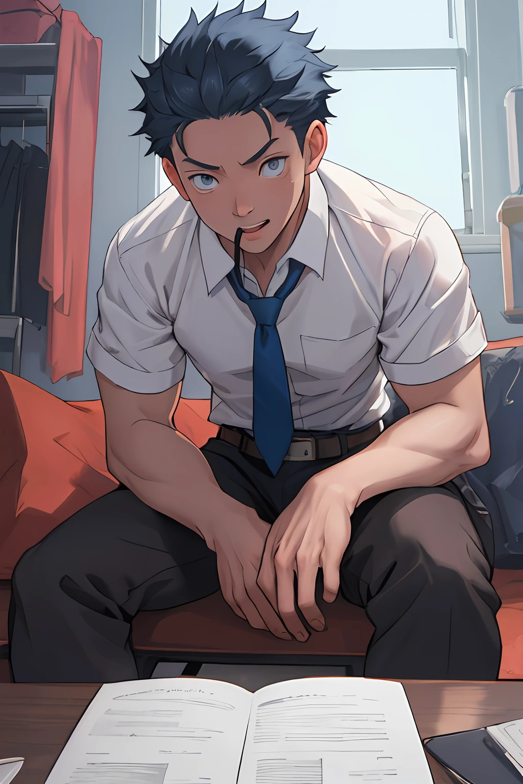 （1 Adult male），A high resolution， Sharp focus， Pixiv masterpiece， （（Complicated details））， highly  detailed， natsuki_subaru， 1 man， with her mouth open，full bodyesbian，sit astride， blue colored eyes（eyes glowing）， blue short hair，white  shirt，Wear a tie，Wear a belt，perspire，look from down