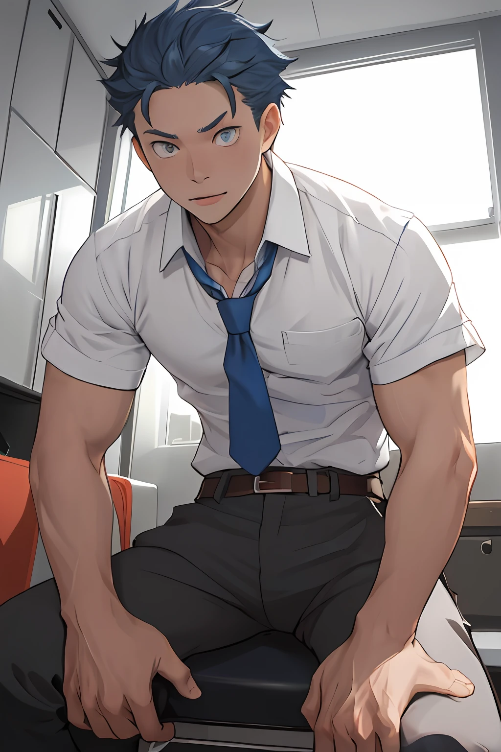 （1 Adult male），A high resolution， Sharp focus， Pixiv masterpiece， （（Complicated details））， highly  detailed， natsuki_subaru， 1 man， with her mouth open，full bodyesbian，sit astride， blue colored eyes（eyes glowing）， blue short hair，white  shirt，Wear a tie，Wear a belt，perspire，look from down