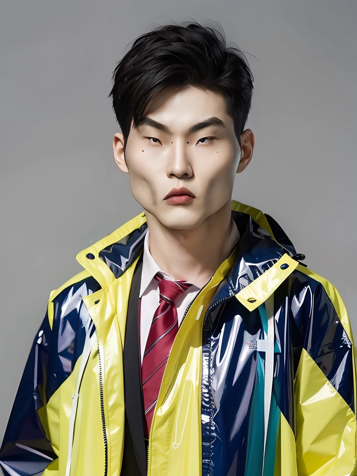 A Chinese male high school student,Wearing a PVC color raincoat,There are zippers