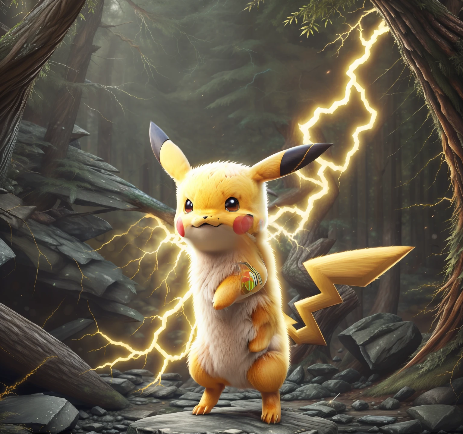 photo of the most beautiful artwork in the world featuring pokemon, with lightning coming from cheeks, full body 8k unity render, action shot, skin pores, very dark
lighting, heavy shadows, detailed, detailed face, (vibrant,
photo realistic, realistic, dramatic, dark, sharp focus, 8k),
(intricate:1.4), decadent, (highly detailed:1.4),(ultra realistic:1.2), octane render, ((forest background:1.2))